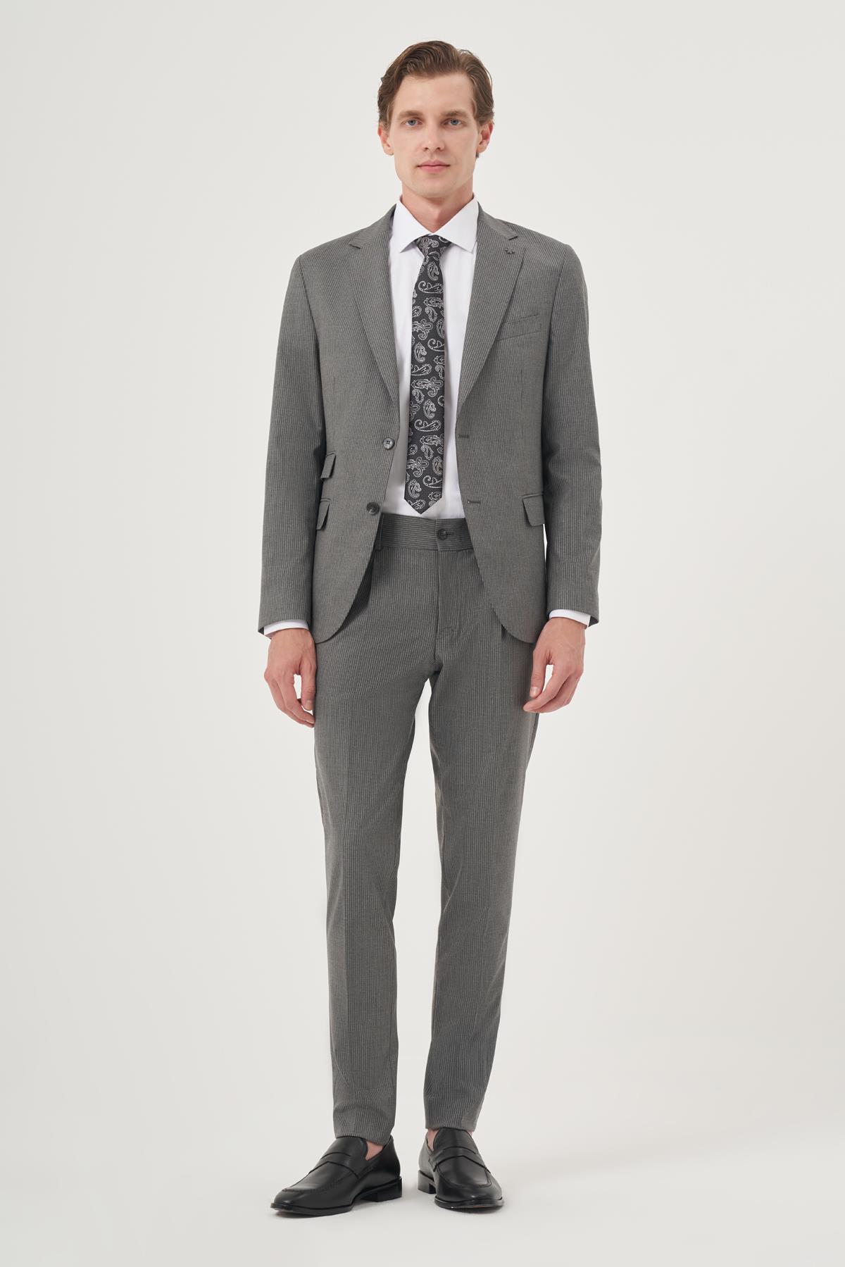 Morven Erkek Füme Poliviskon Trend Çizgili Slim Fit Mono Yaka Çift Kapak Cepli Takım Elbise