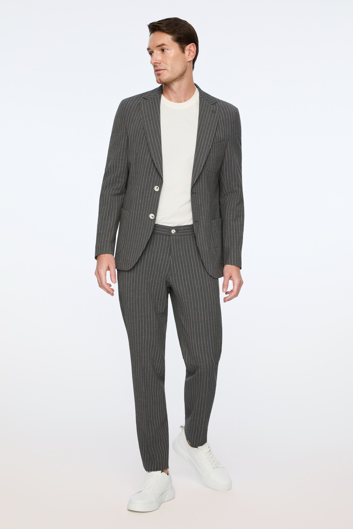 Morven Erkek Füme Poliviskon Trend Çizgili Slim Fit Mono Yaka Takım Elbise