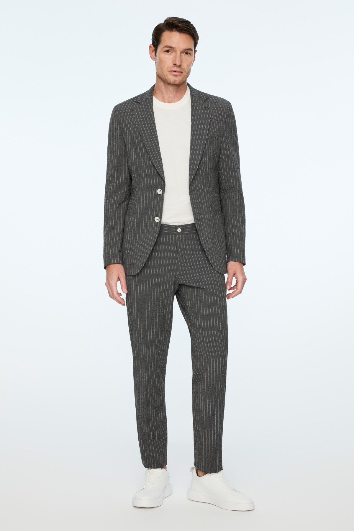 Morven Erkek Füme Poliviskon Trend Çizgili Slim Fit Mono Yaka Takım Elbise