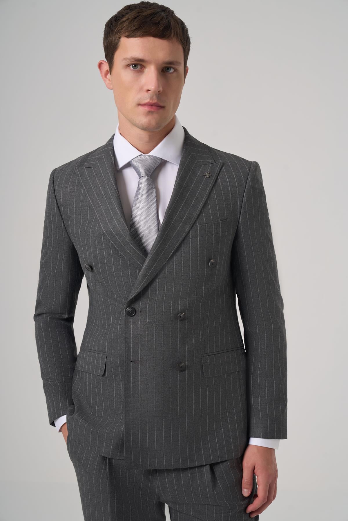 Morven Erkek Füme Poliviskon Trend Çizgili Slim Fit Kruvaze Takım elbise