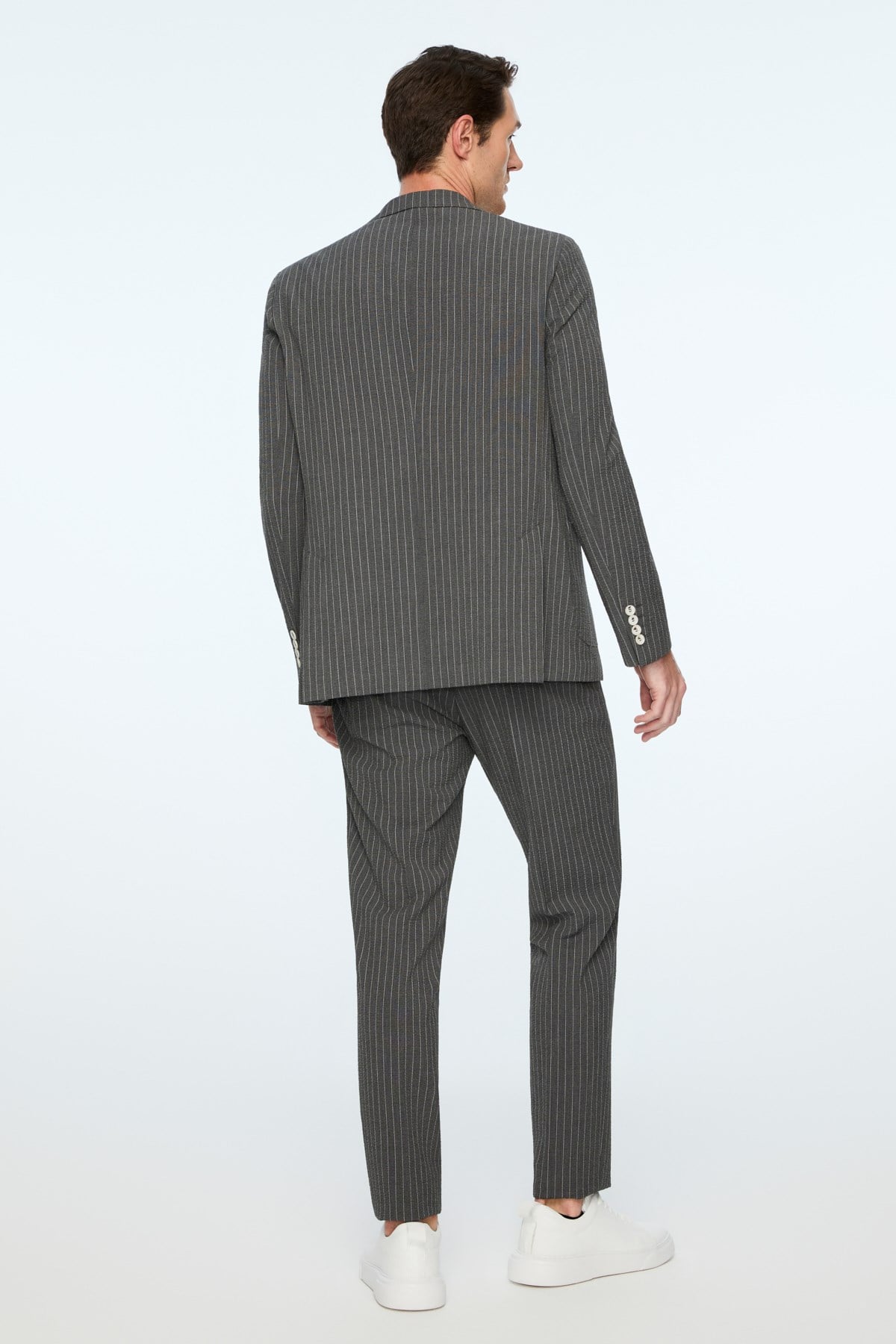 Morven Erkek Füme Poliviskon Trend Çizgili Slim Fit Mono Yaka Takım Elbise