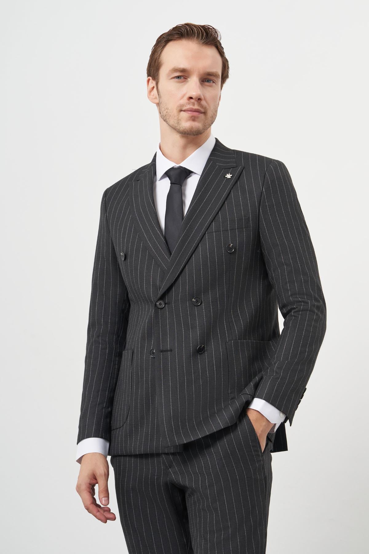Morven Erkek Füme Poliviskon Trend Kruvaze Slim Fit Sivri Yaka Takım Elbise