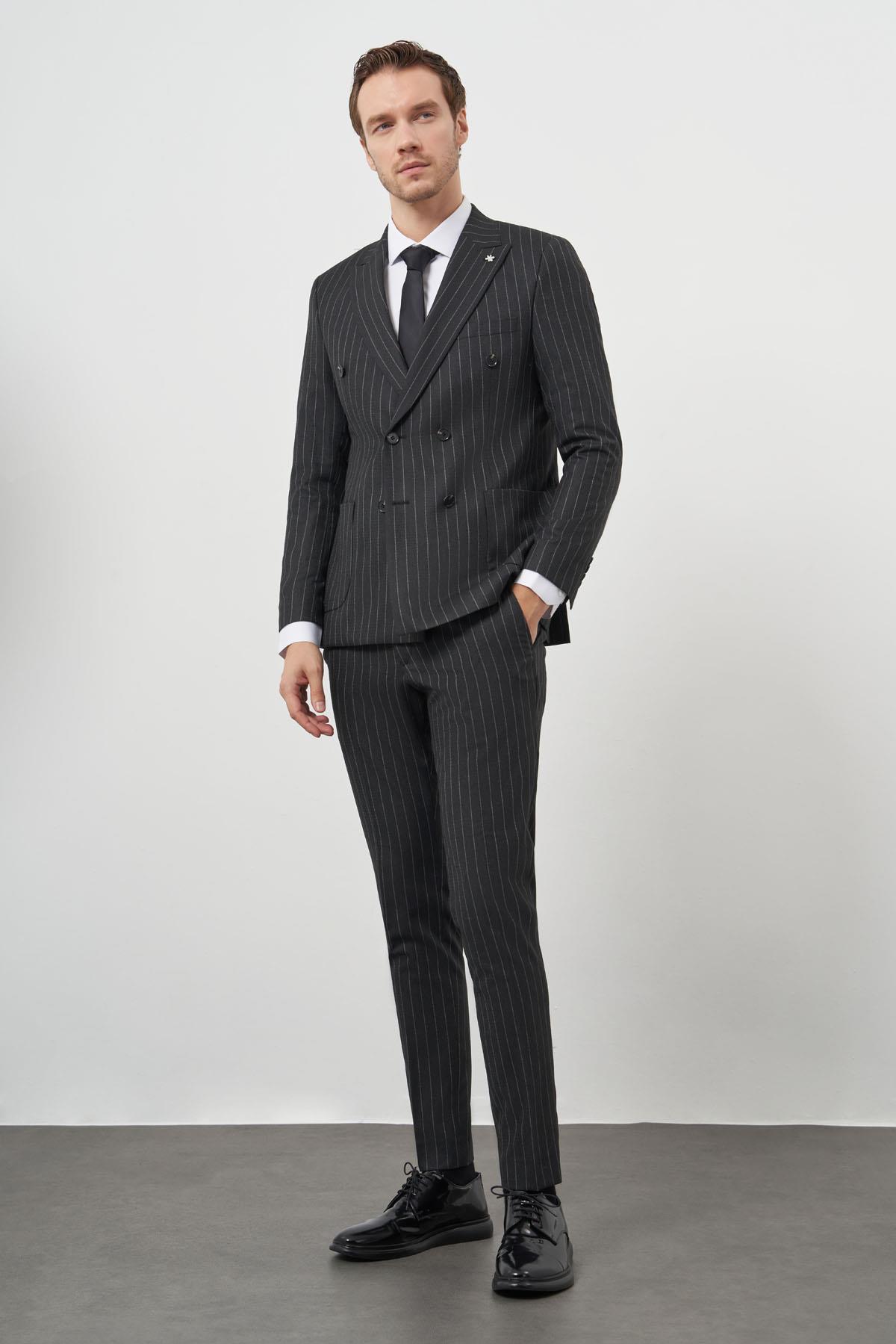 Morven Erkek Füme Poliviskon Trend Kruvaze Slim Fit Sivri Yaka Takım Elbise