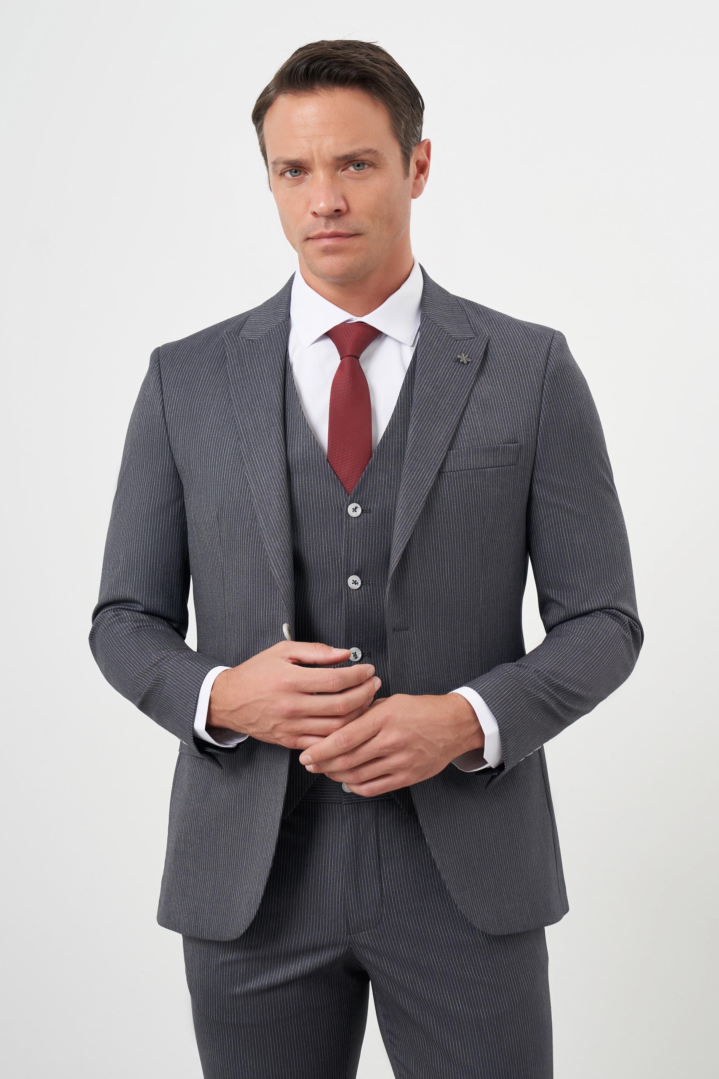 Morven Erkek Füme Poliviskon Trend Yelekli Çizgili Desen Slim Fit  Sivri Yaka Takım Elbise