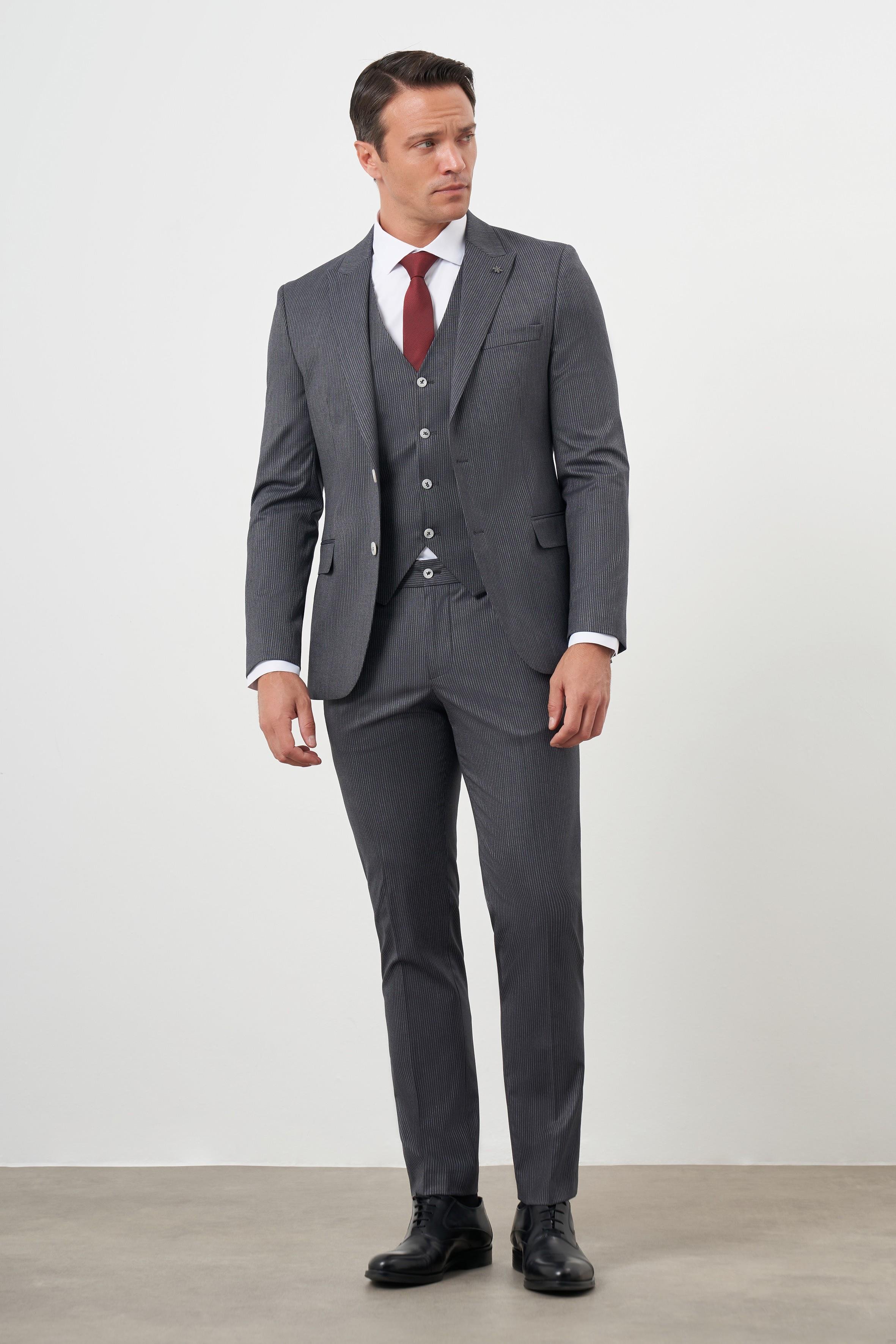 Morven Erkek Füme Poliviskon Trend Yelekli Çizgili Desen Slim Fit  Sivri Yaka Takım Elbise