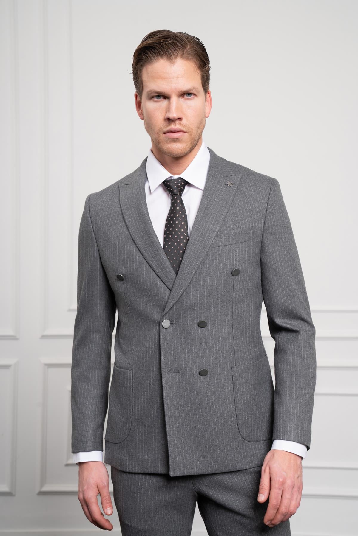 Morven Erkek Füme Trend Kruvaze Slim Fit Dar Kesim Sivri Yaka Takım Elbise