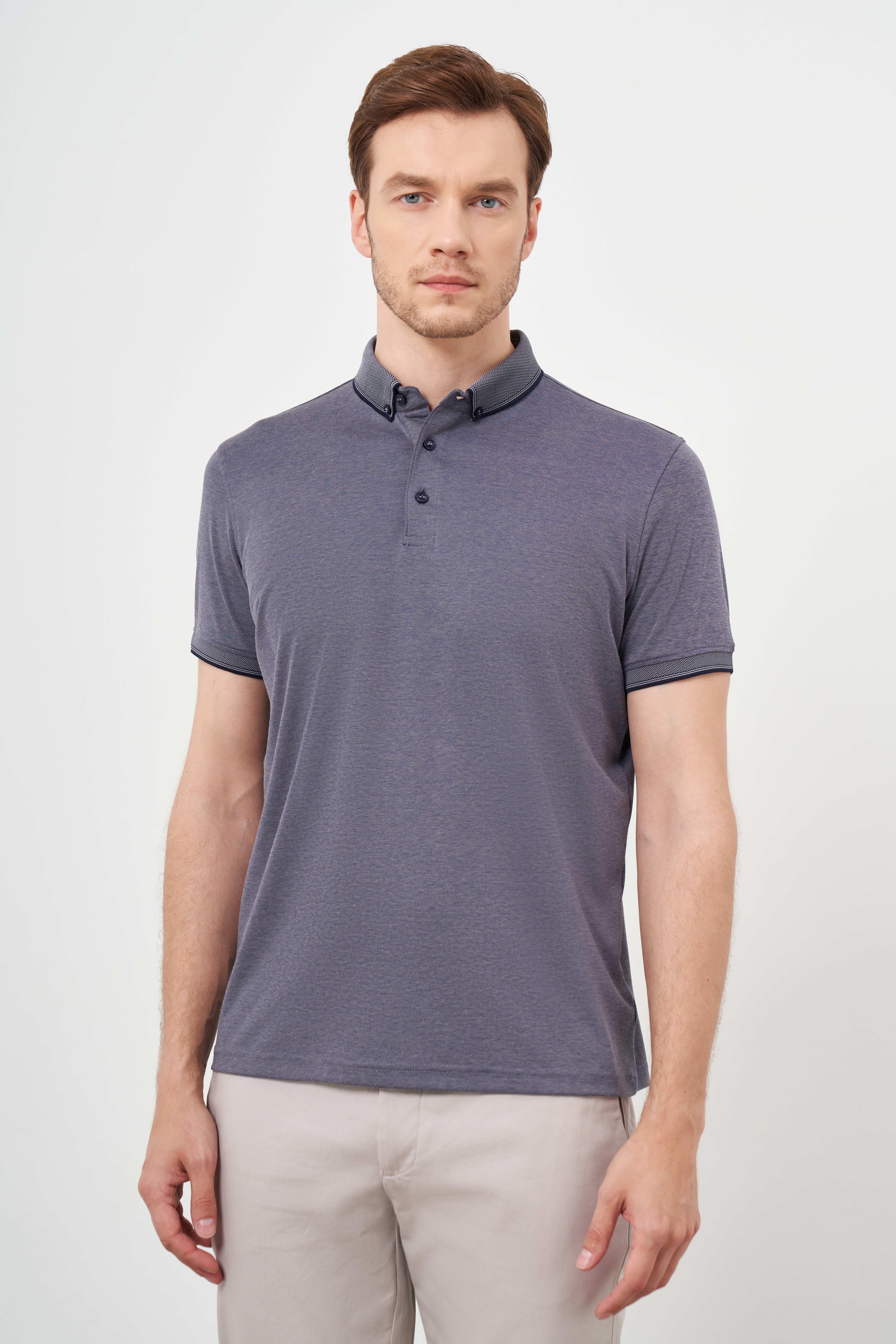 Morven Erkek Füme Trend Merserize Düz Düğmeli Yaka Dynamic Fit T-Shirt