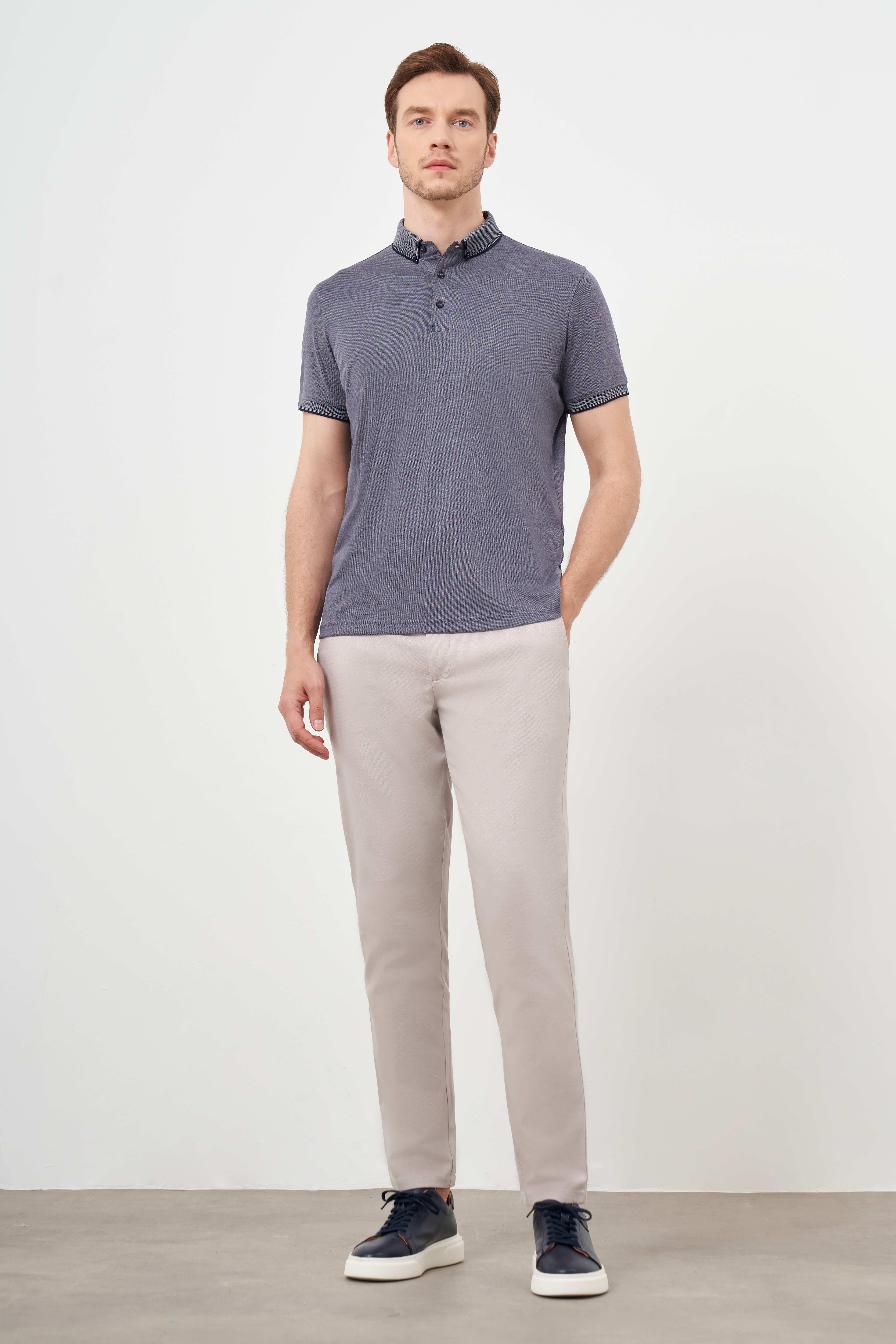 Morven Erkek Füme Trend Merserize Düz Düğmeli Yaka Dynamic Fit T-Shirt