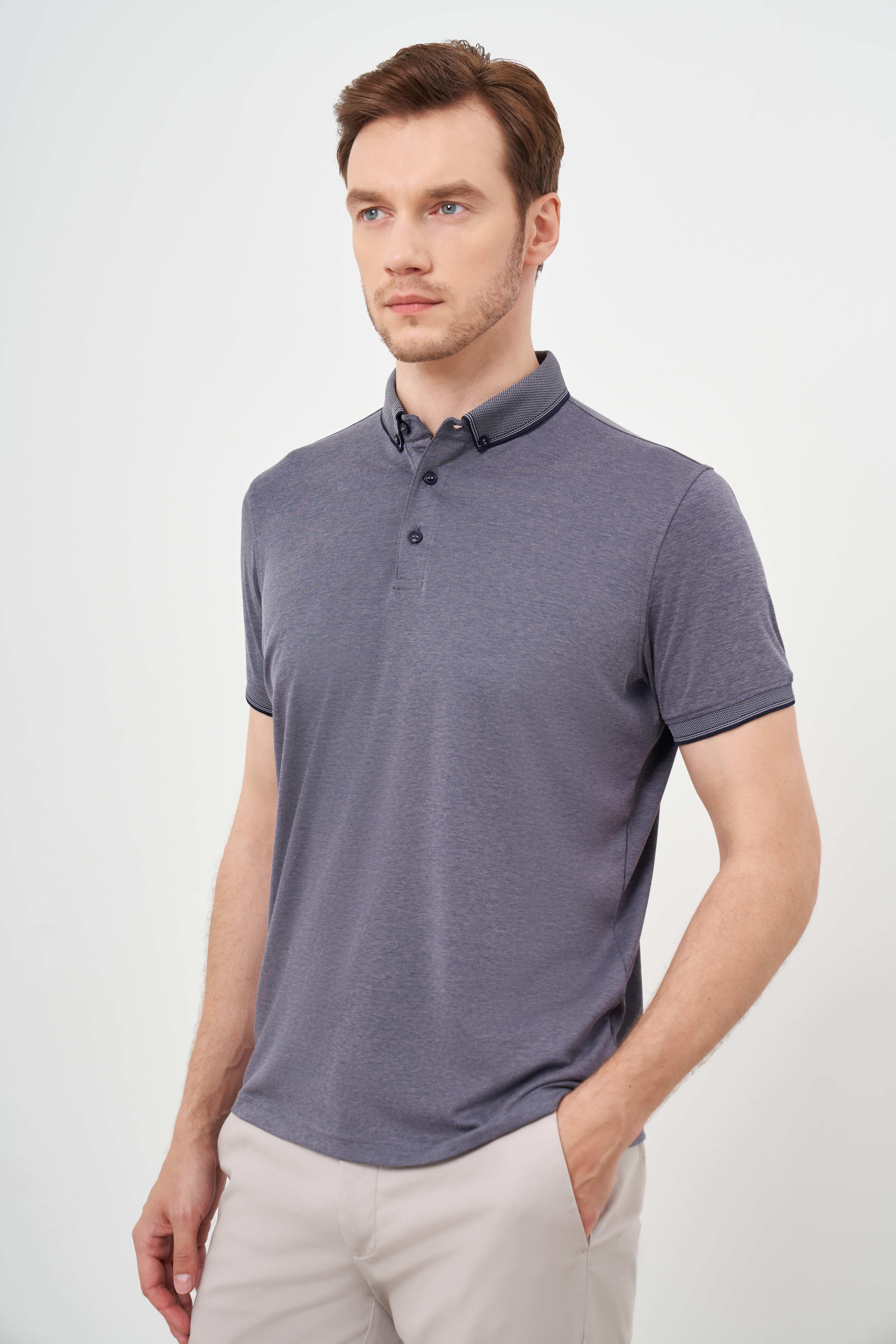 Morven Erkek Füme Trend Merserize Düz Düğmeli Yaka Dynamic Fit T-Shirt