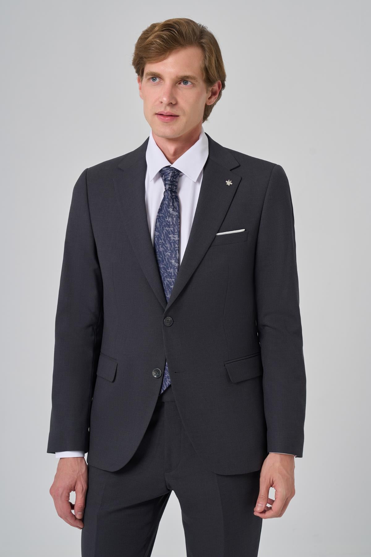 Morven Erkek Füme Yünlü Slim Fit Mono Yaka Takım Elbise