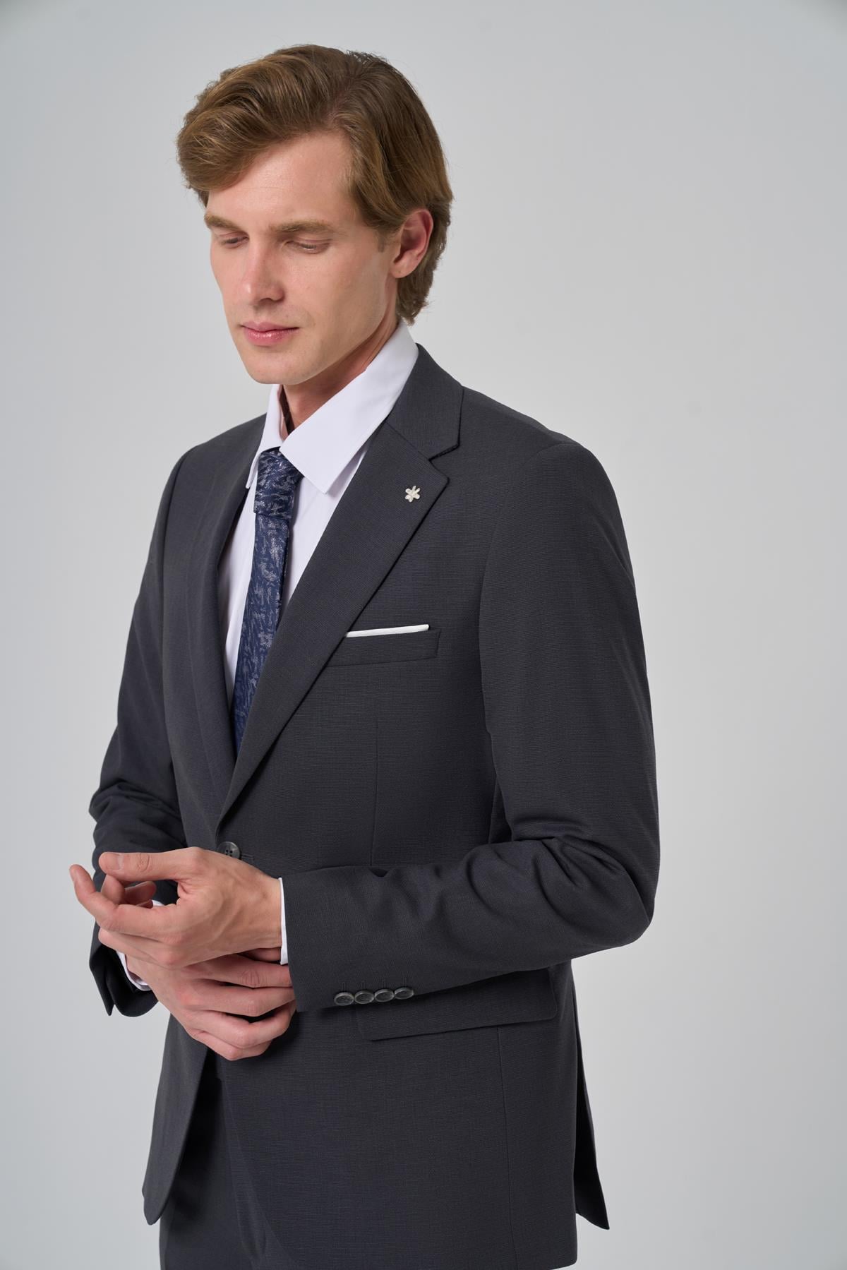Morven Erkek Füme Yünlü Slim Fit Mono Yaka Takım Elbise