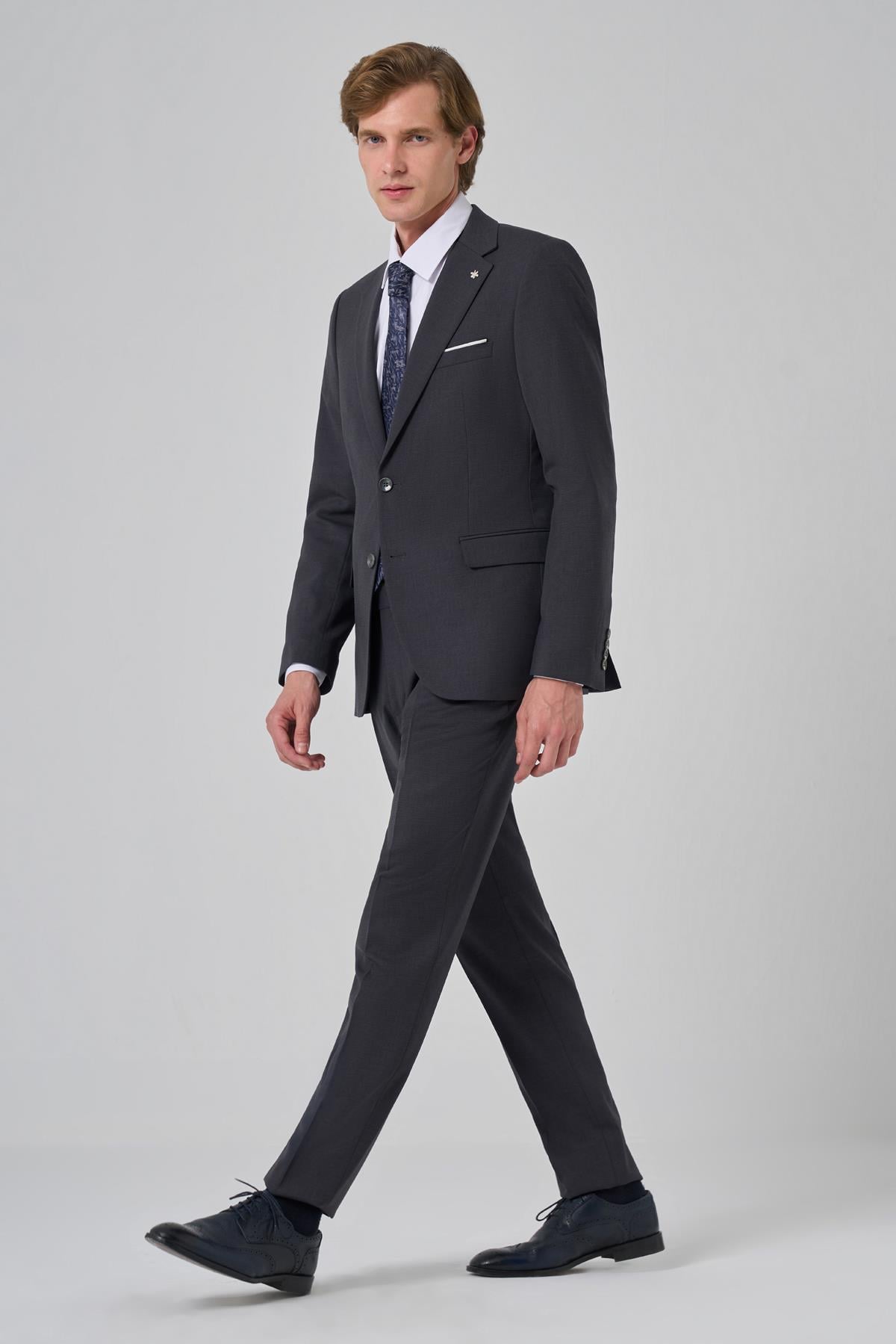 Morven Erkek Füme Yünlü Slim Fit Mono Yaka Takım Elbise