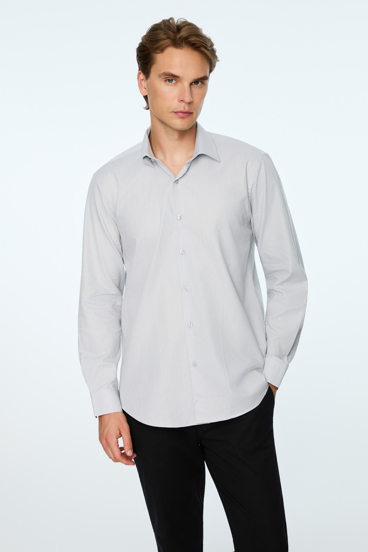Morven Erkek Gri Basic Regular Fit Sert Yaka Gömlek