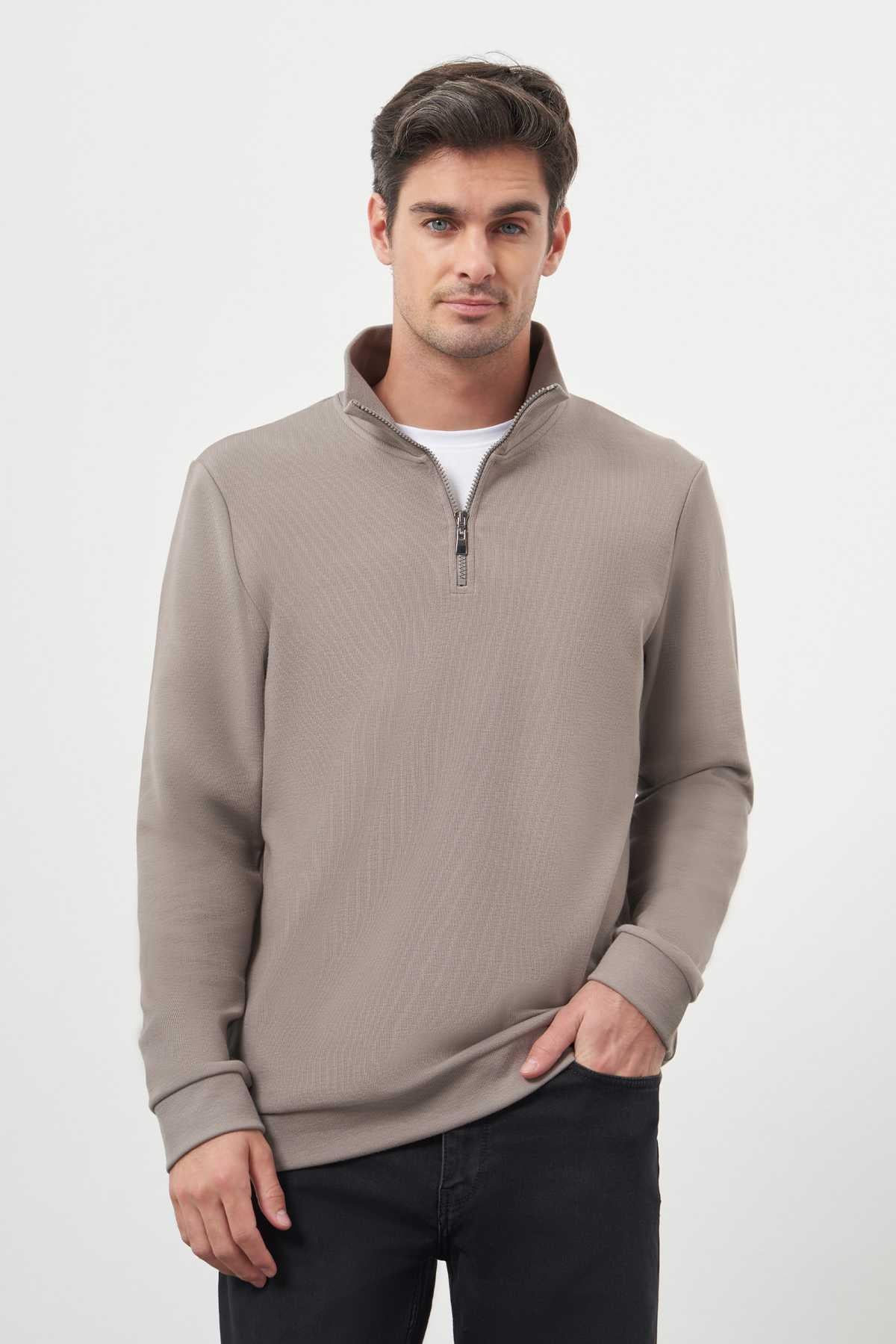 Morven Erkek Gri Fermuarlı Bato Yaka Sweat-Shirt