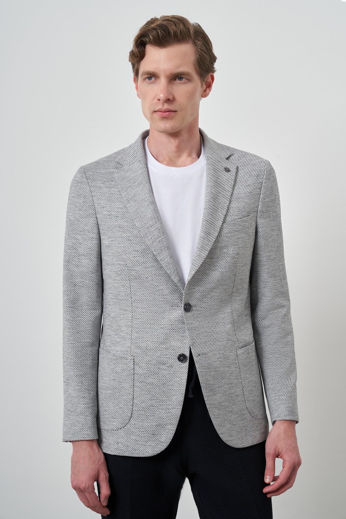 Morven Erkek Gri Keten Dokuma Desenli Slim Fit Mono Yaka Ceket