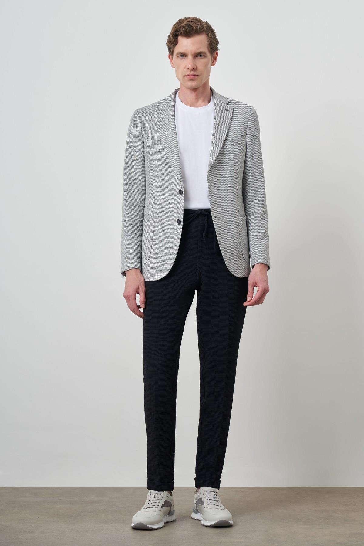 Morven Erkek Gri Keten Dokuma Desenli Slim Fit Mono Yaka Ceket