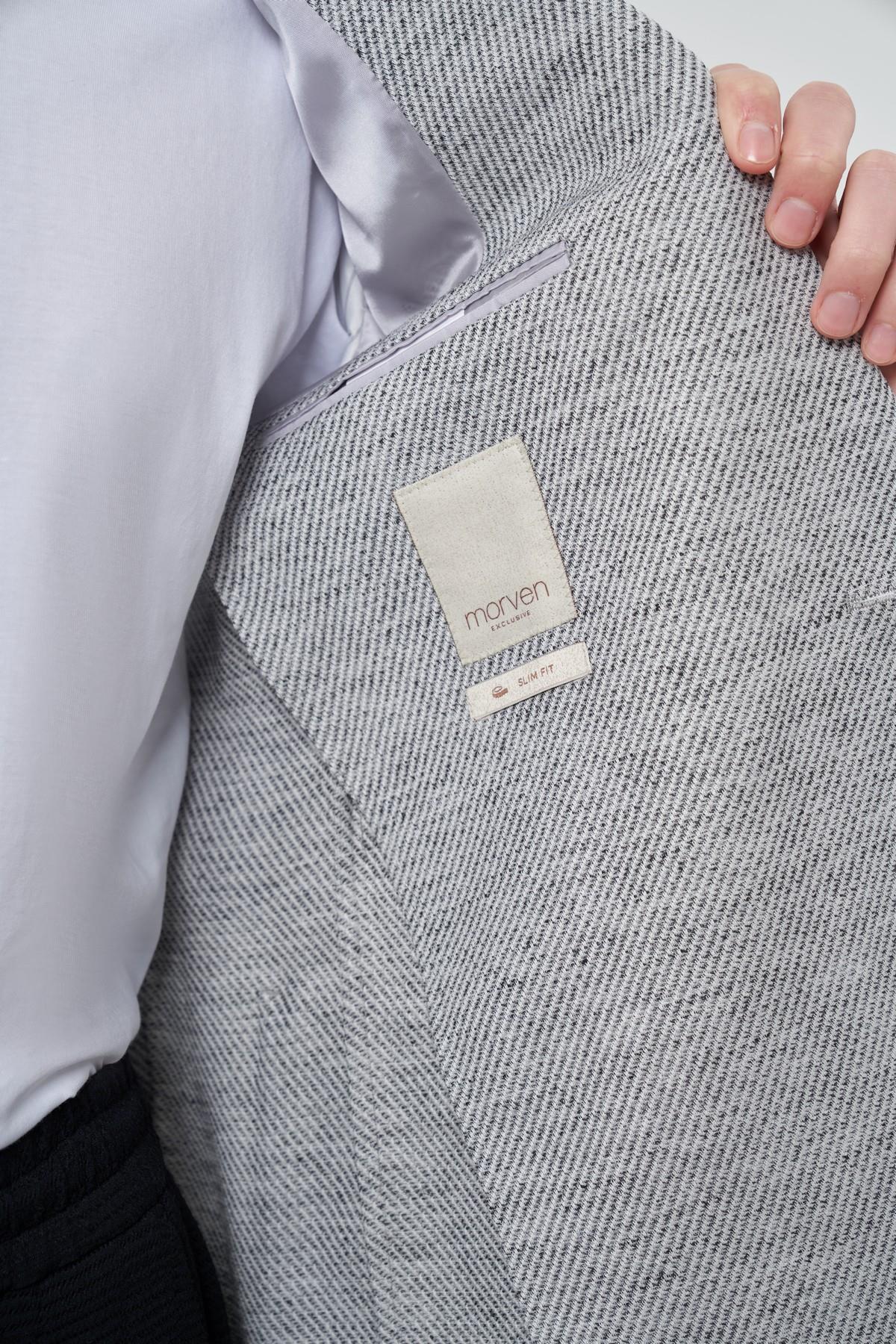 Morven Erkek Gri Keten Dokuma Desenli Slim Fit Mono Yaka Ceket