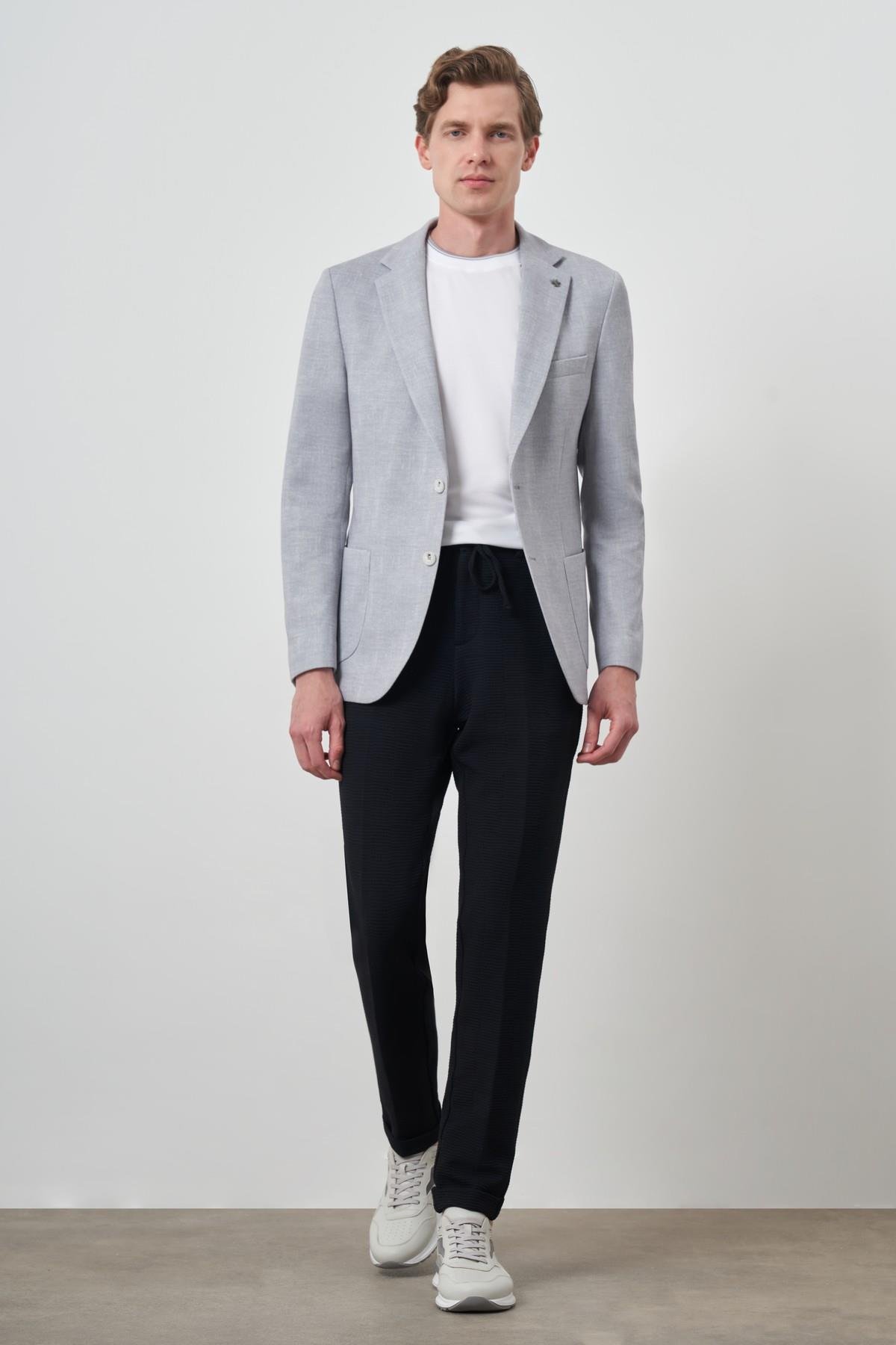 Morven Erkek Gri Örme Desenli Slim Fit Mono Yaka Ceket