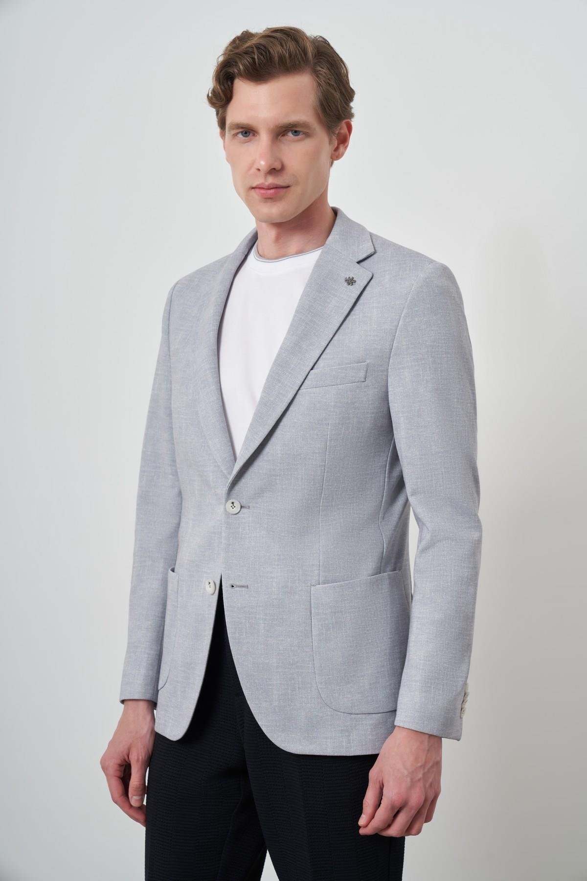 Morven Erkek Gri Örme Desenli Slim Fit Mono Yaka Ceket