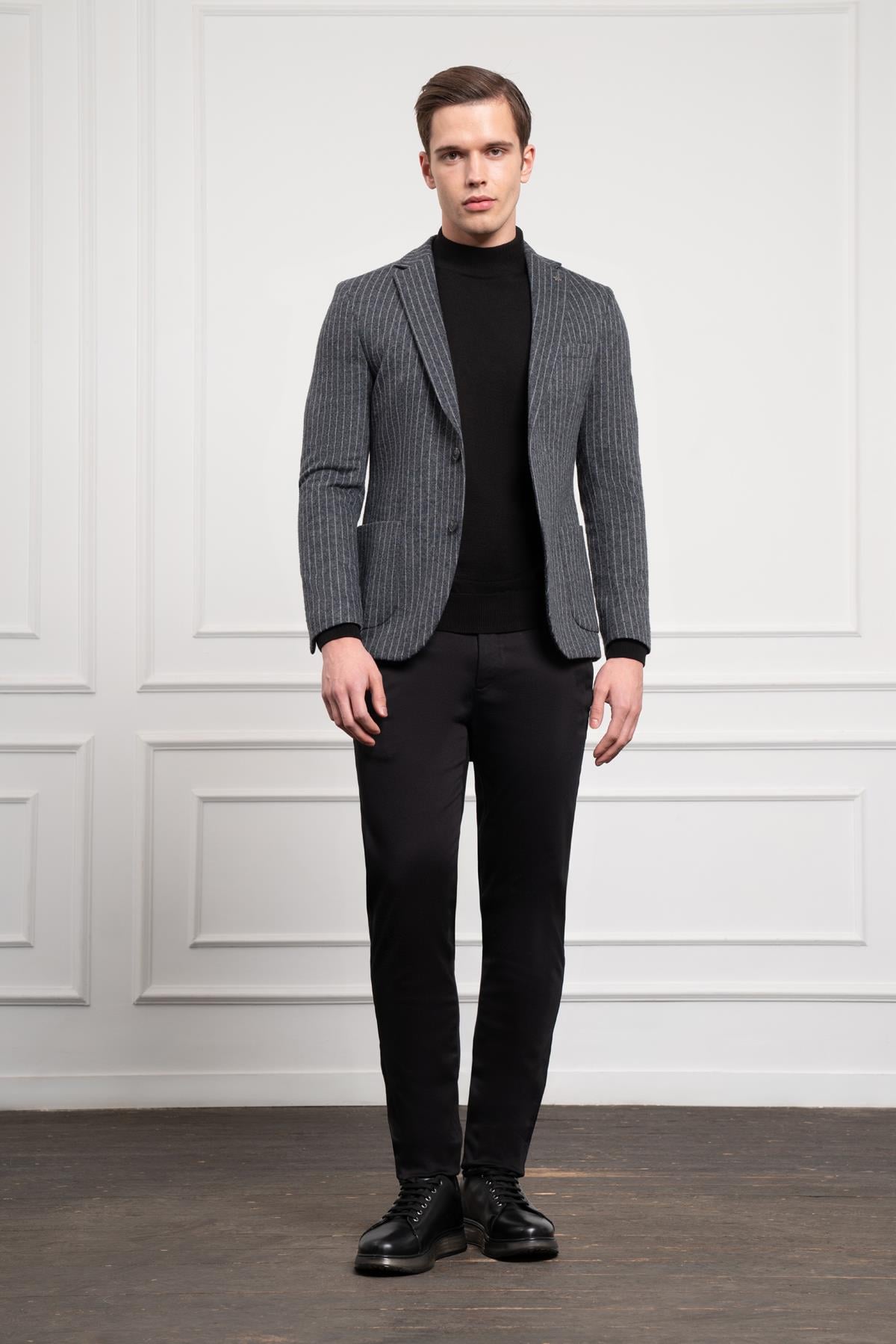 Morven Erkek Gri Örme Slim Fit Dar Kesim Mono Yaka Ceket