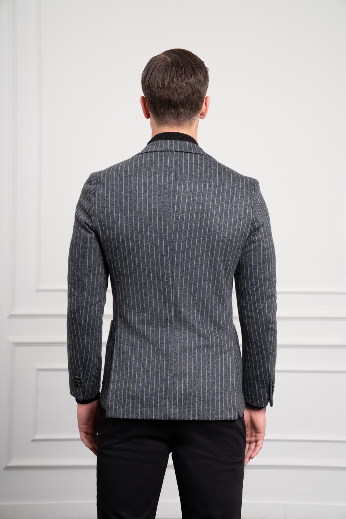 Morven Erkek Gri Örme Slim Fit Dar Kesim Mono Yaka Ceket