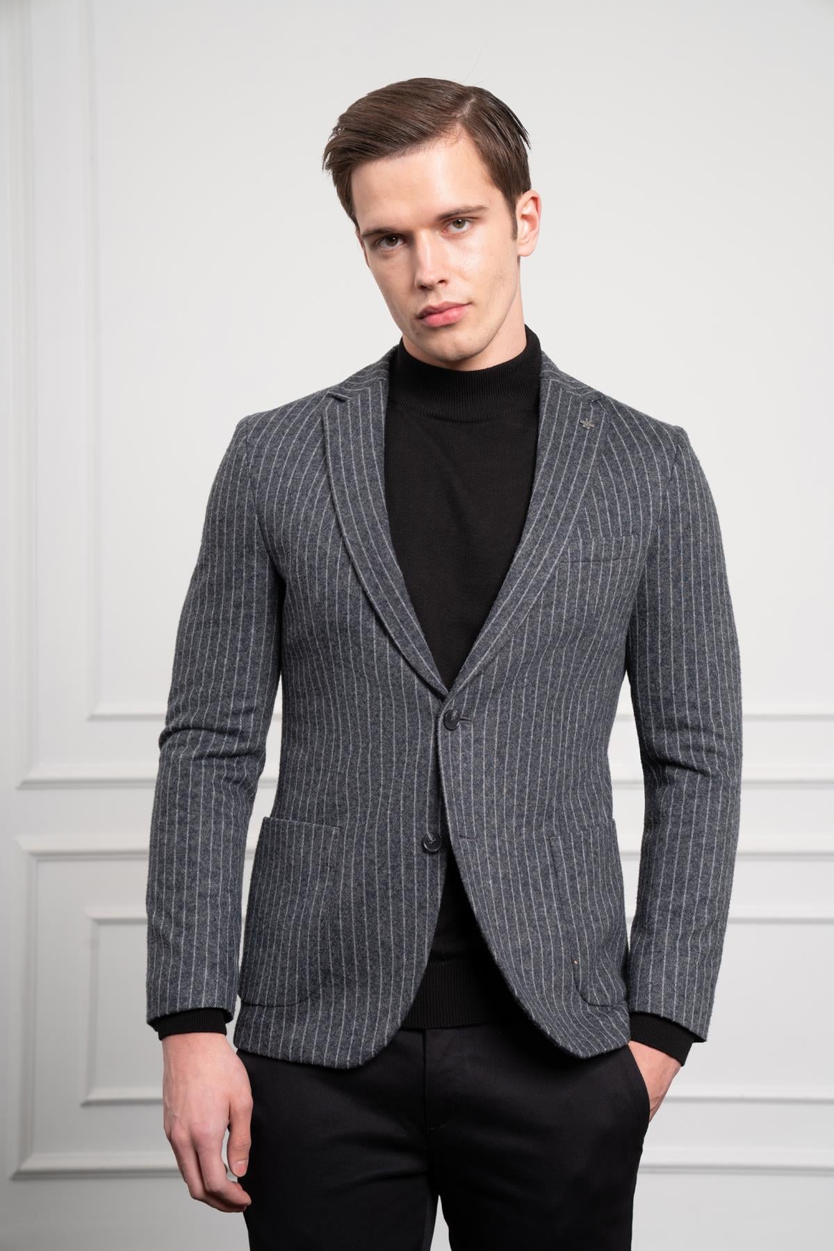 Morven Erkek Gri Örme Slim Fit Dar Kesim Mono Yaka Ceket