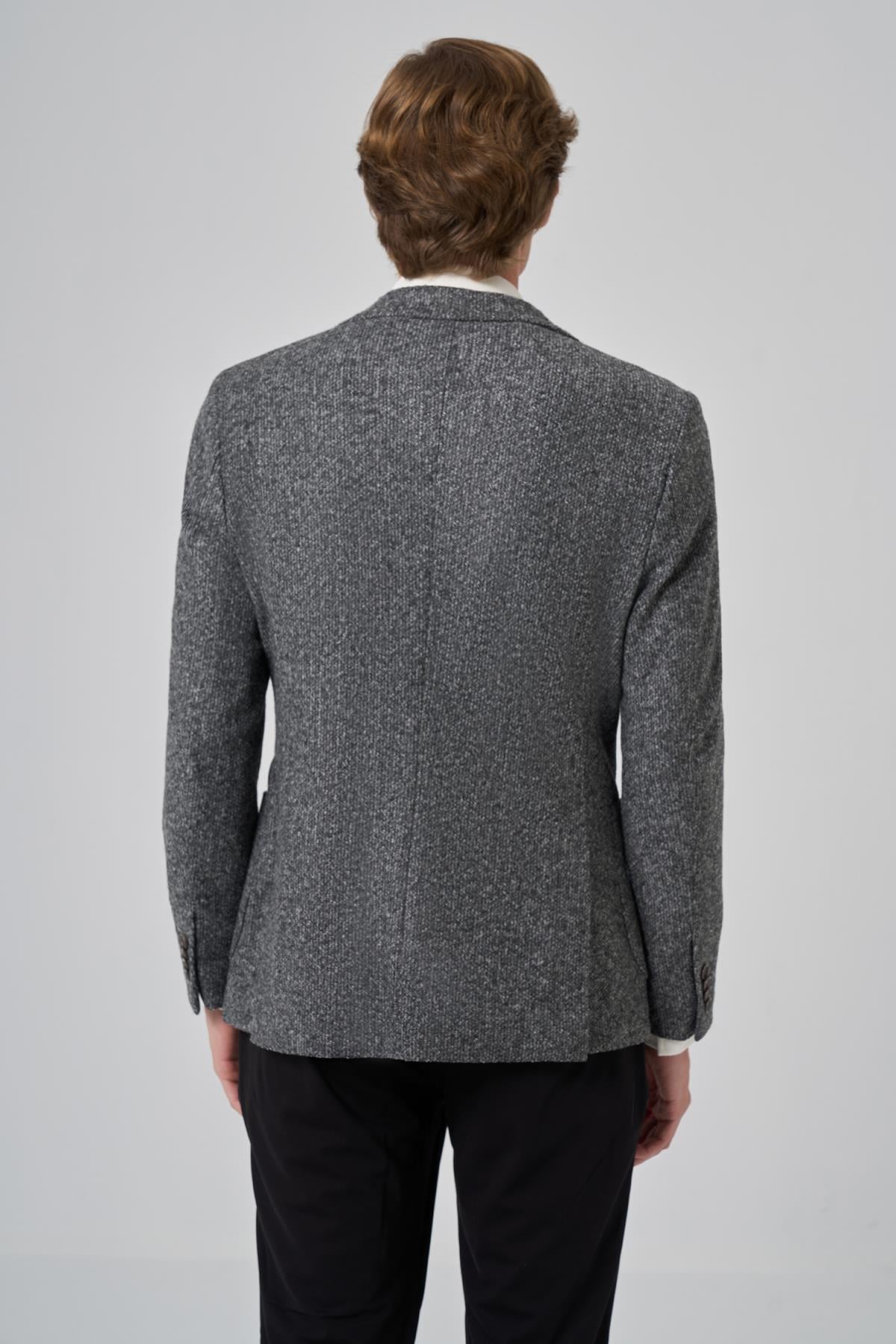 Morven Erkek Gri Örme Slim Fit Mono Yaka Ceket