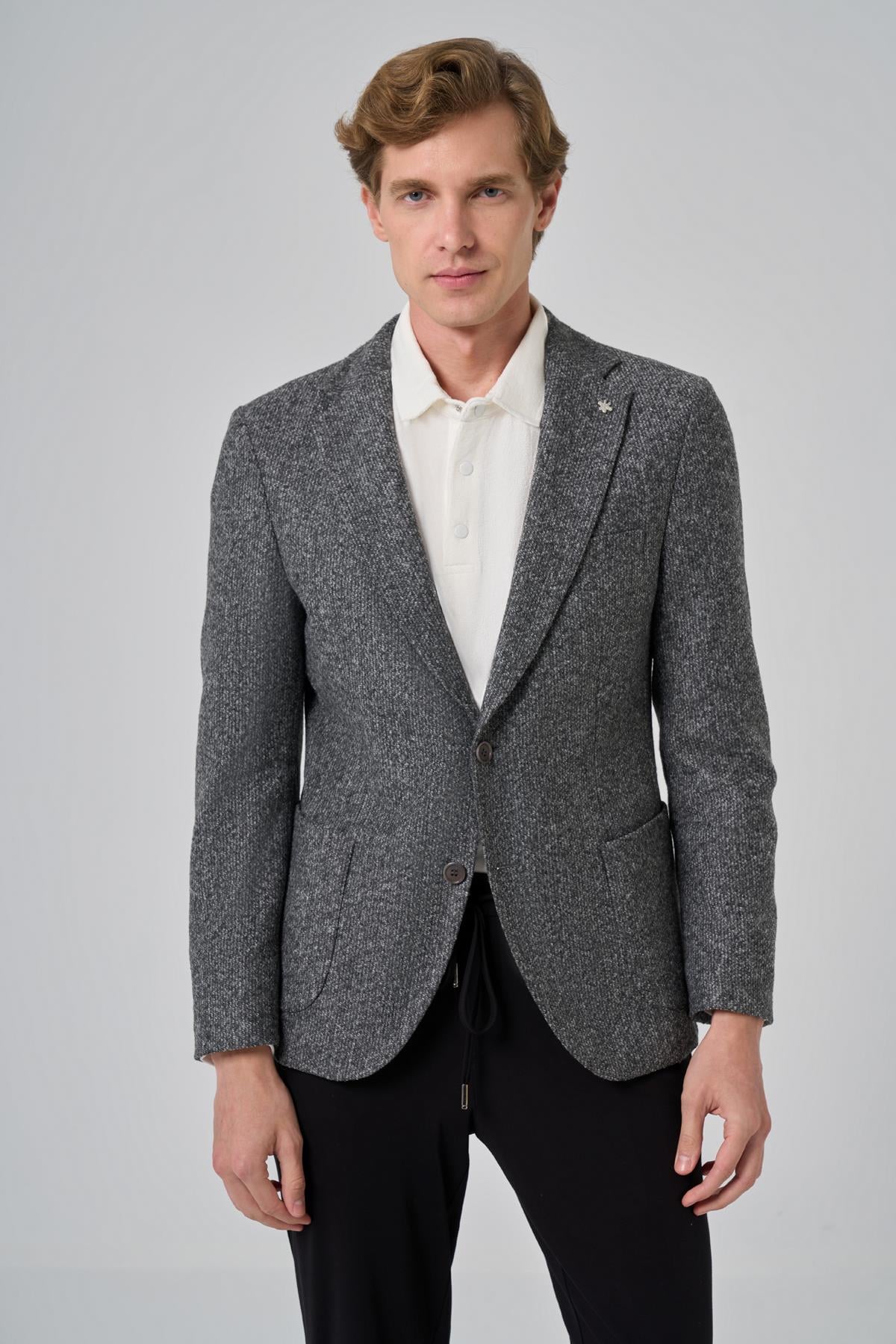 Morven Erkek Gri Örme Slim Fit Mono Yaka Ceket