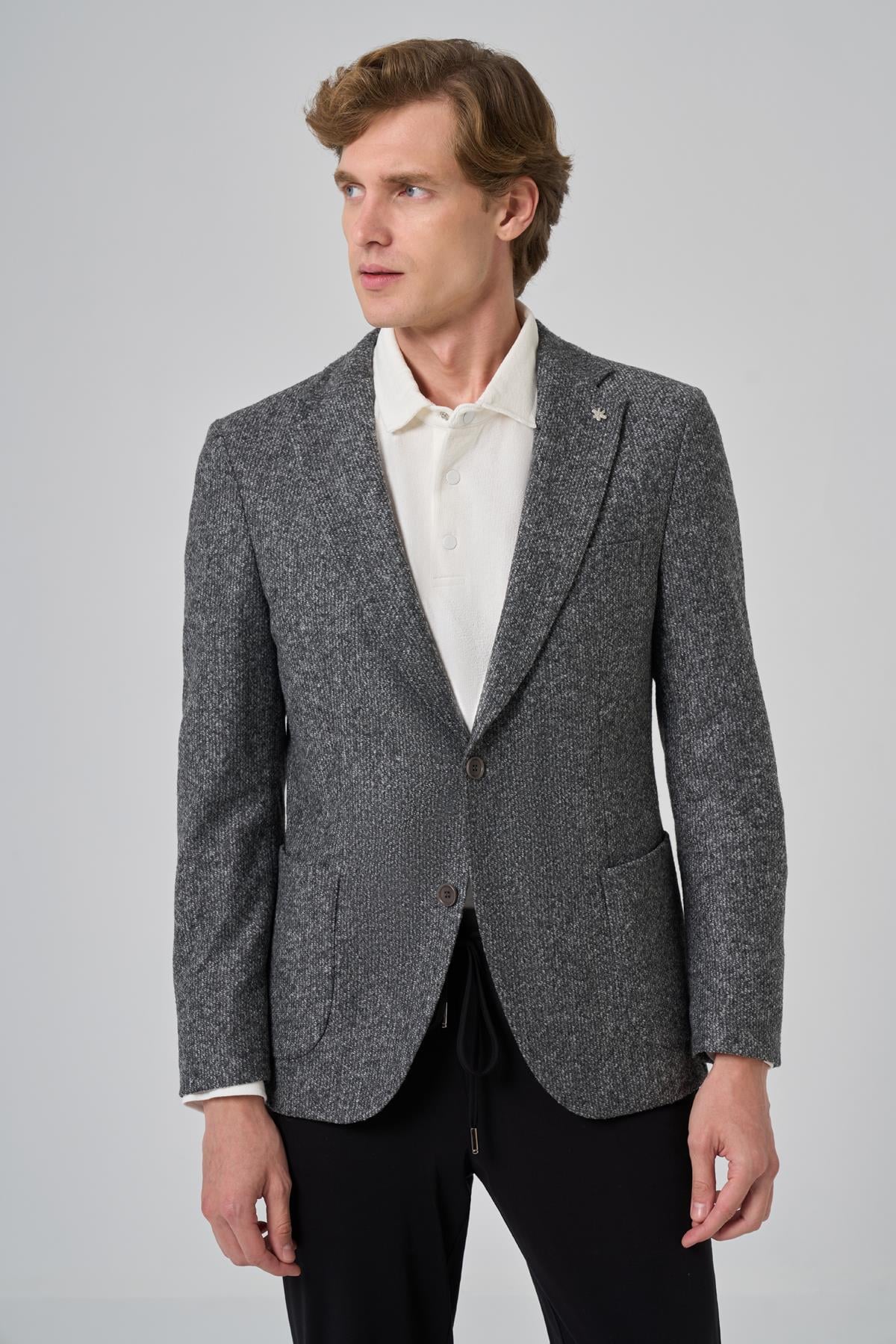 Morven Erkek Gri Örme Slim Fit Mono Yaka Ceket