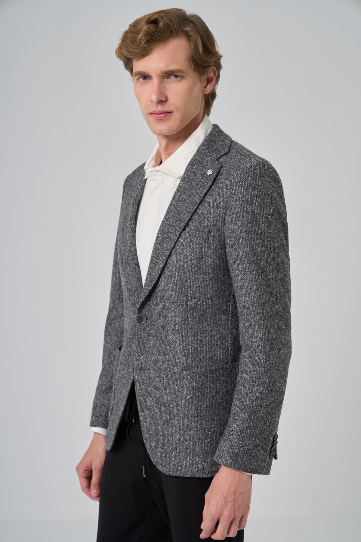 Morven Erkek Gri Örme Slim Fit Mono Yaka Ceket