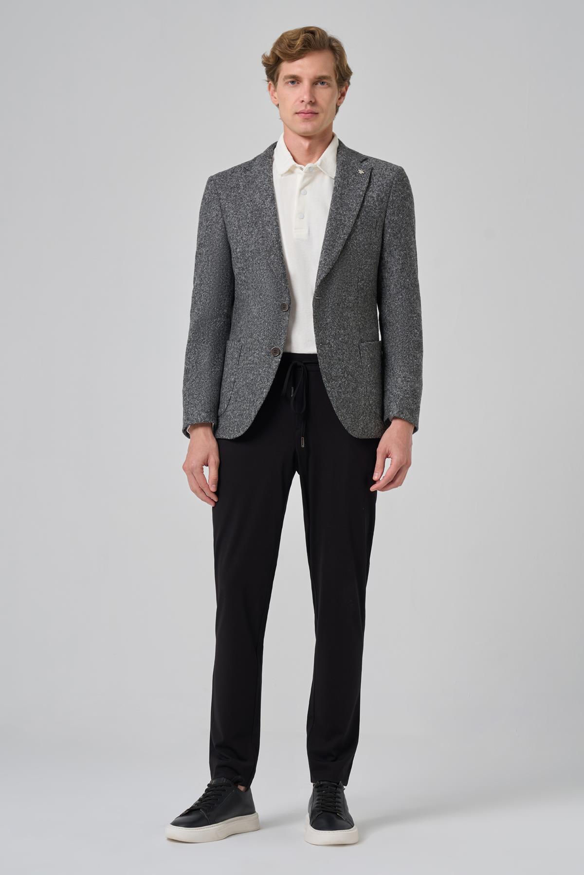 Morven Erkek Gri Örme Slim Fit Mono Yaka Ceket