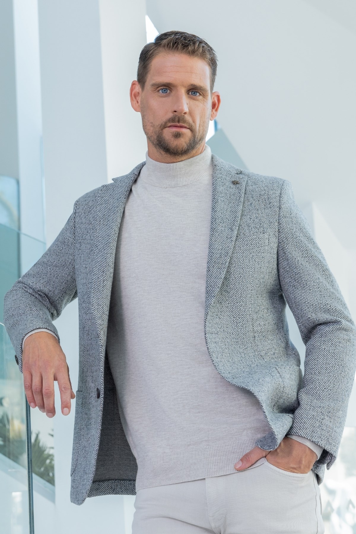 Morven Erkek Gri Örme Slim Fit Mono Yaka Ceket