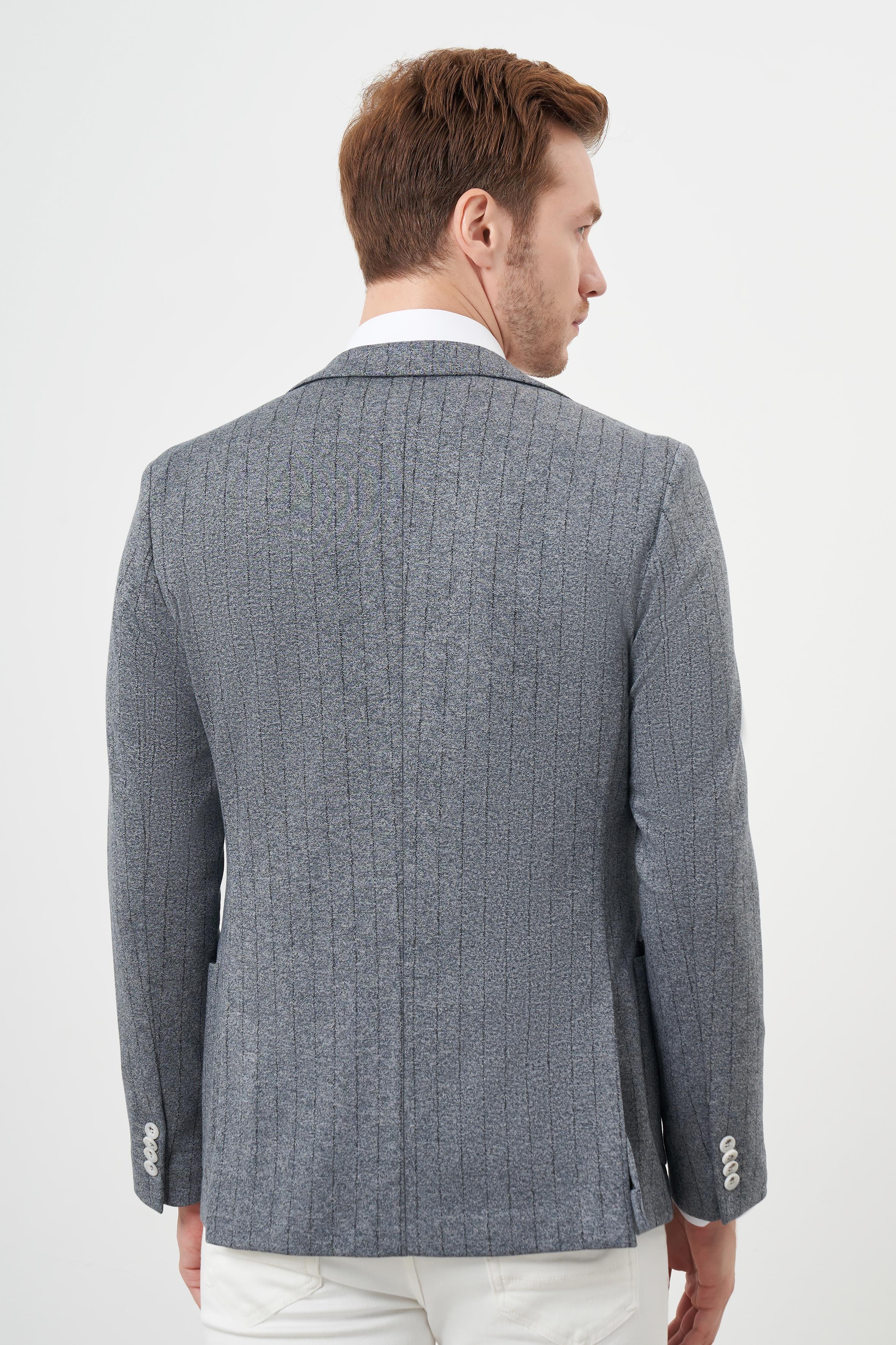 Morven Erkek Gri Örme Slim Fit Torba Cep Mono Yaka Spor Ceket