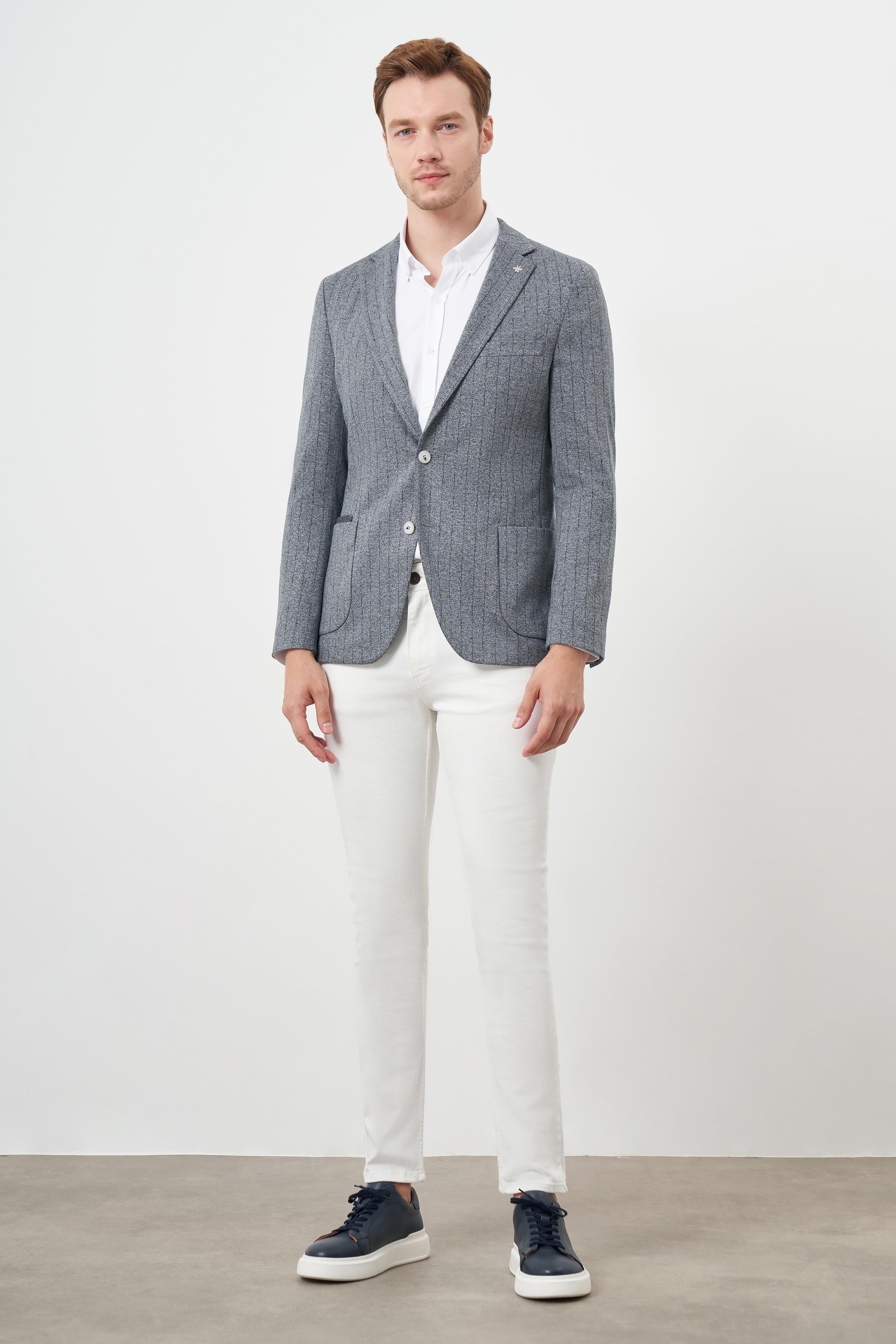 Morven Erkek Gri Örme Slim Fit Torba Cep Mono Yaka Spor Ceket