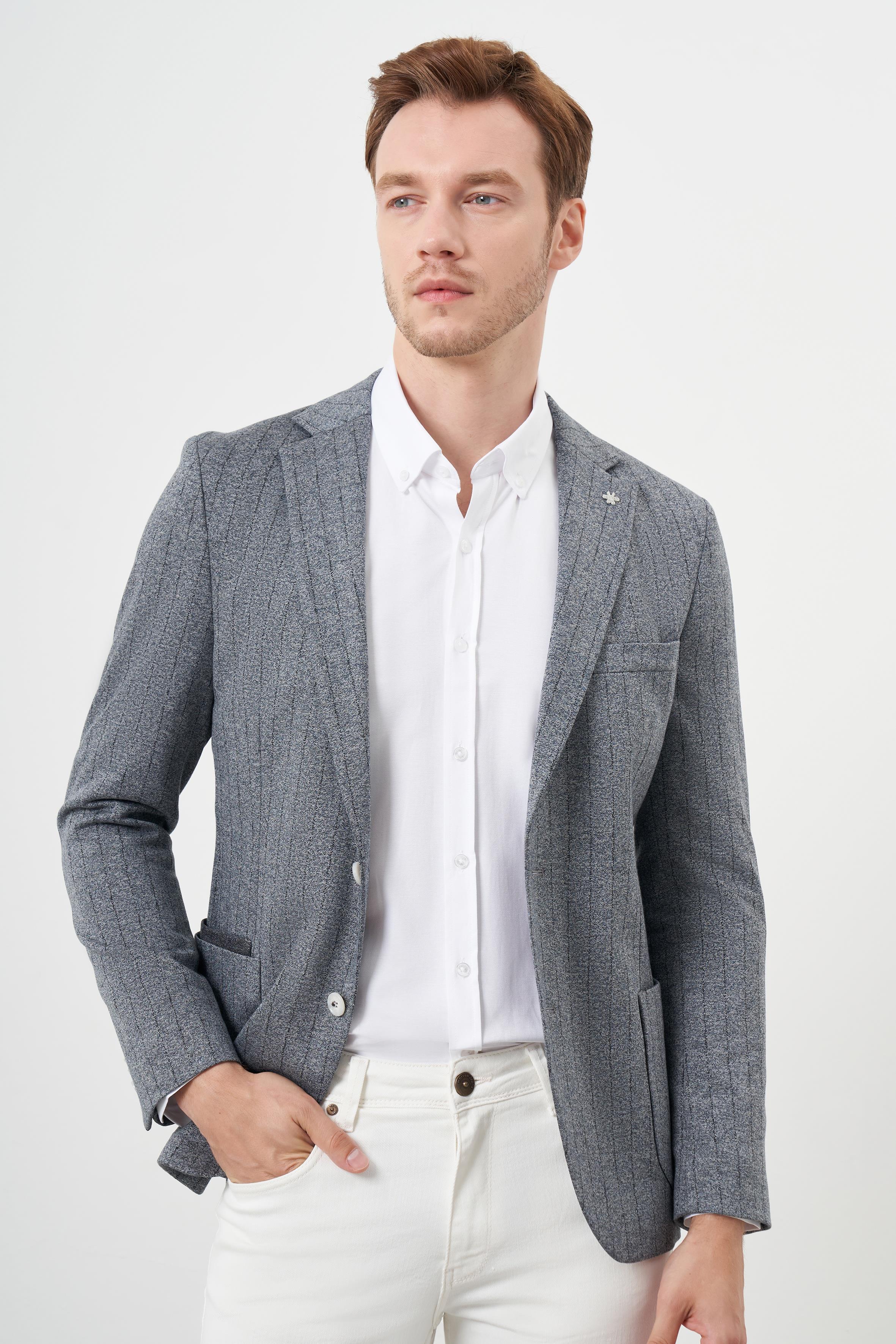 Morven Erkek Gri Örme Slim Fit Torba Cep Mono Yaka Spor Ceket