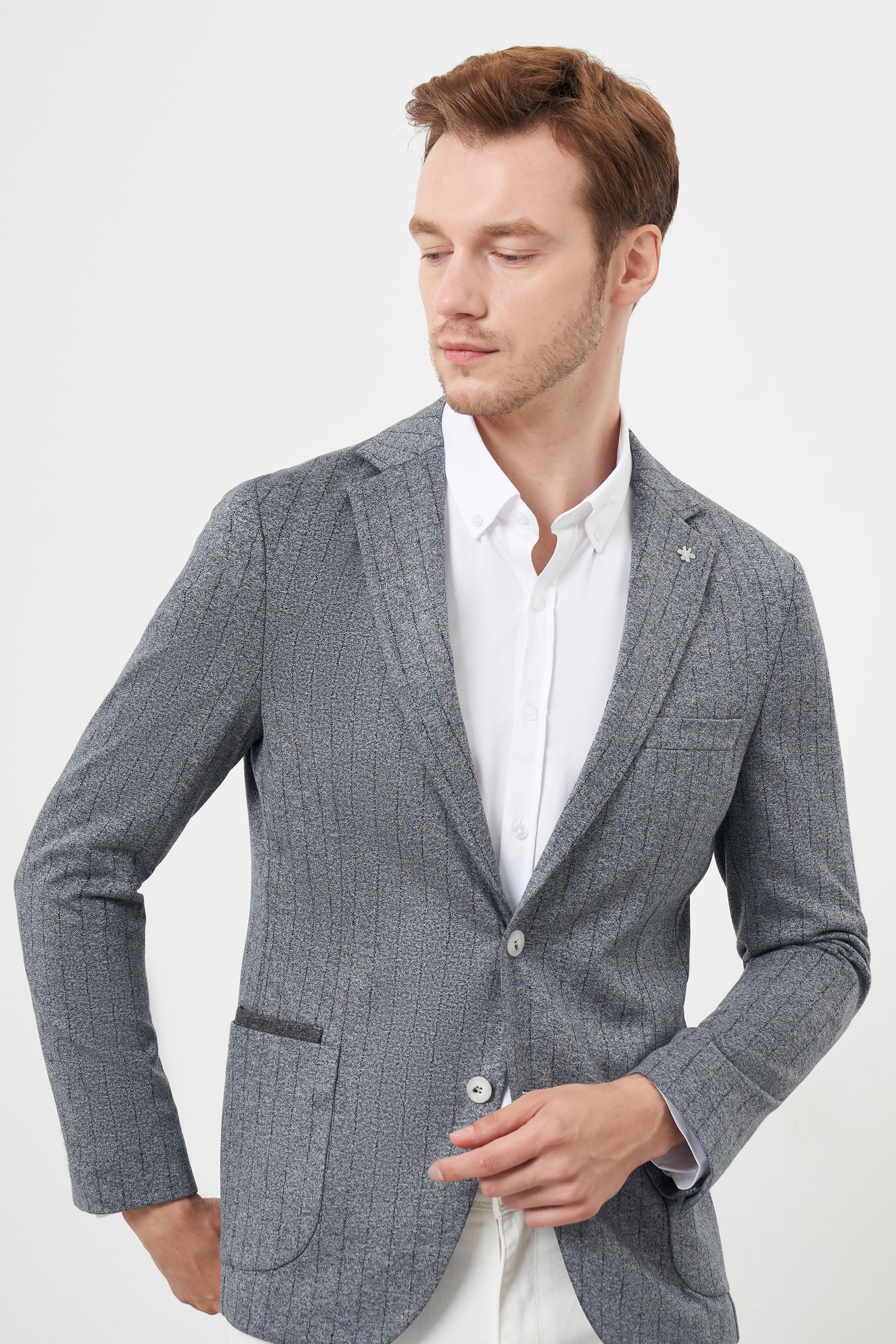 Morven Erkek Gri Örme Slim Fit Torba Cep Mono Yaka Spor Ceket