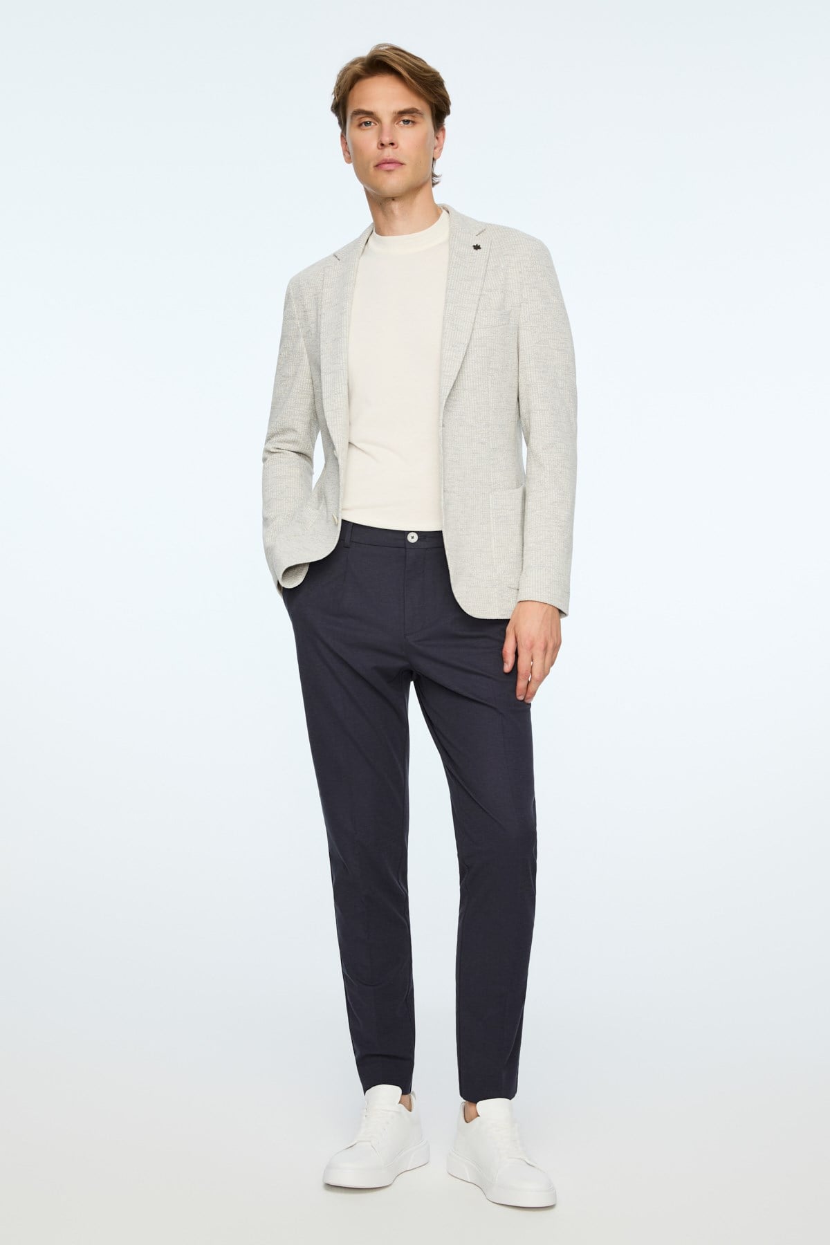 Morven Erkek Gri Örme Trend Çizgili Slim Fit Mono Yaka Ceket