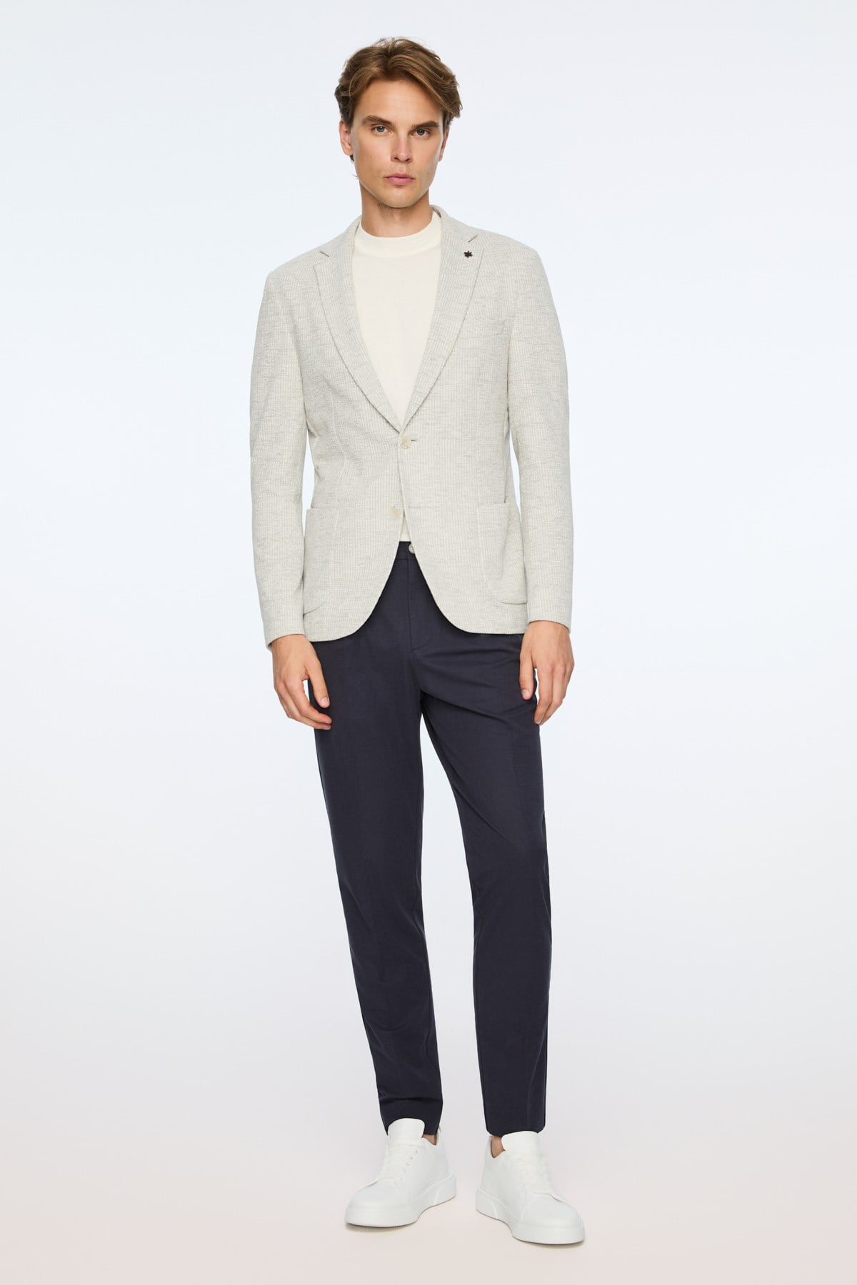 Morven Erkek Gri Örme Trend Çizgili Slim Fit Mono Yaka Ceket