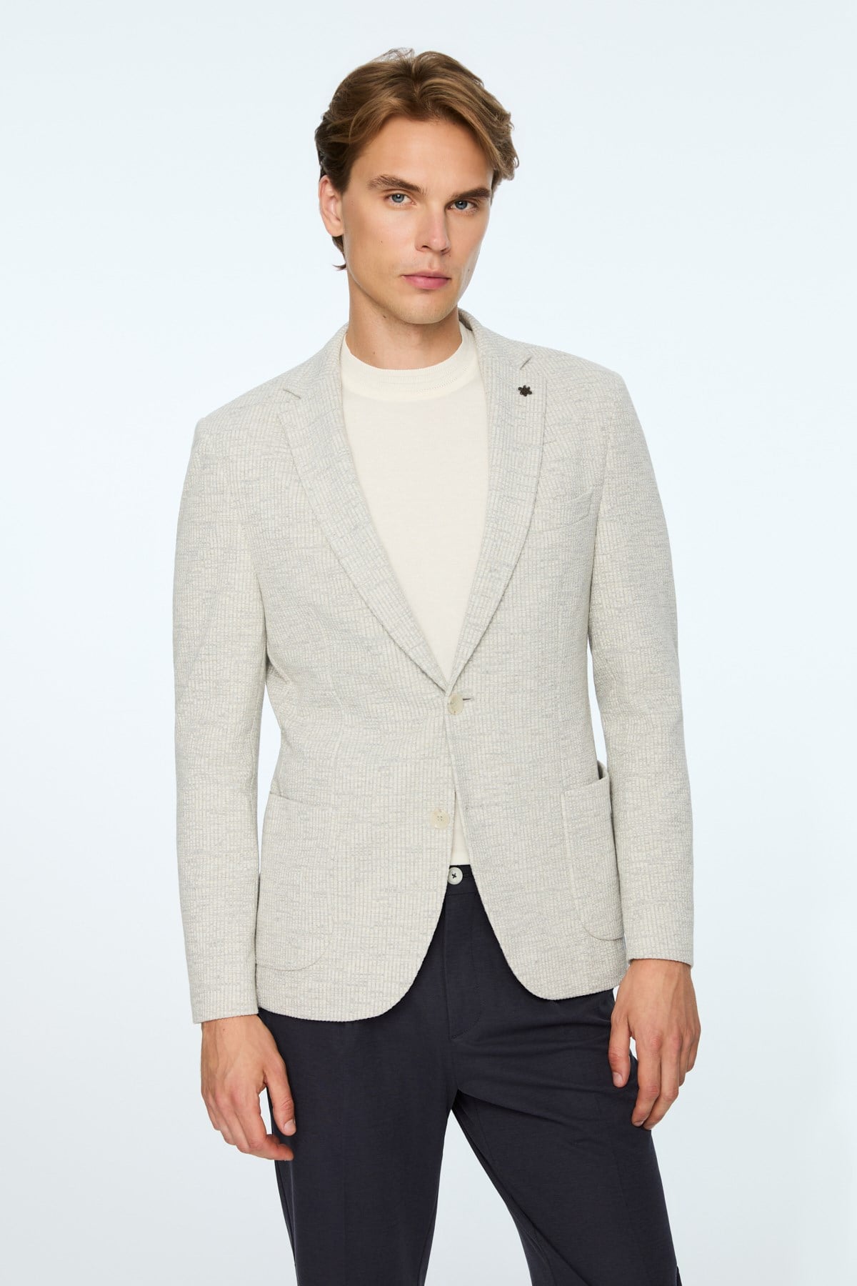 Morven Erkek Gri Örme Trend Çizgili Slim Fit Mono Yaka Ceket