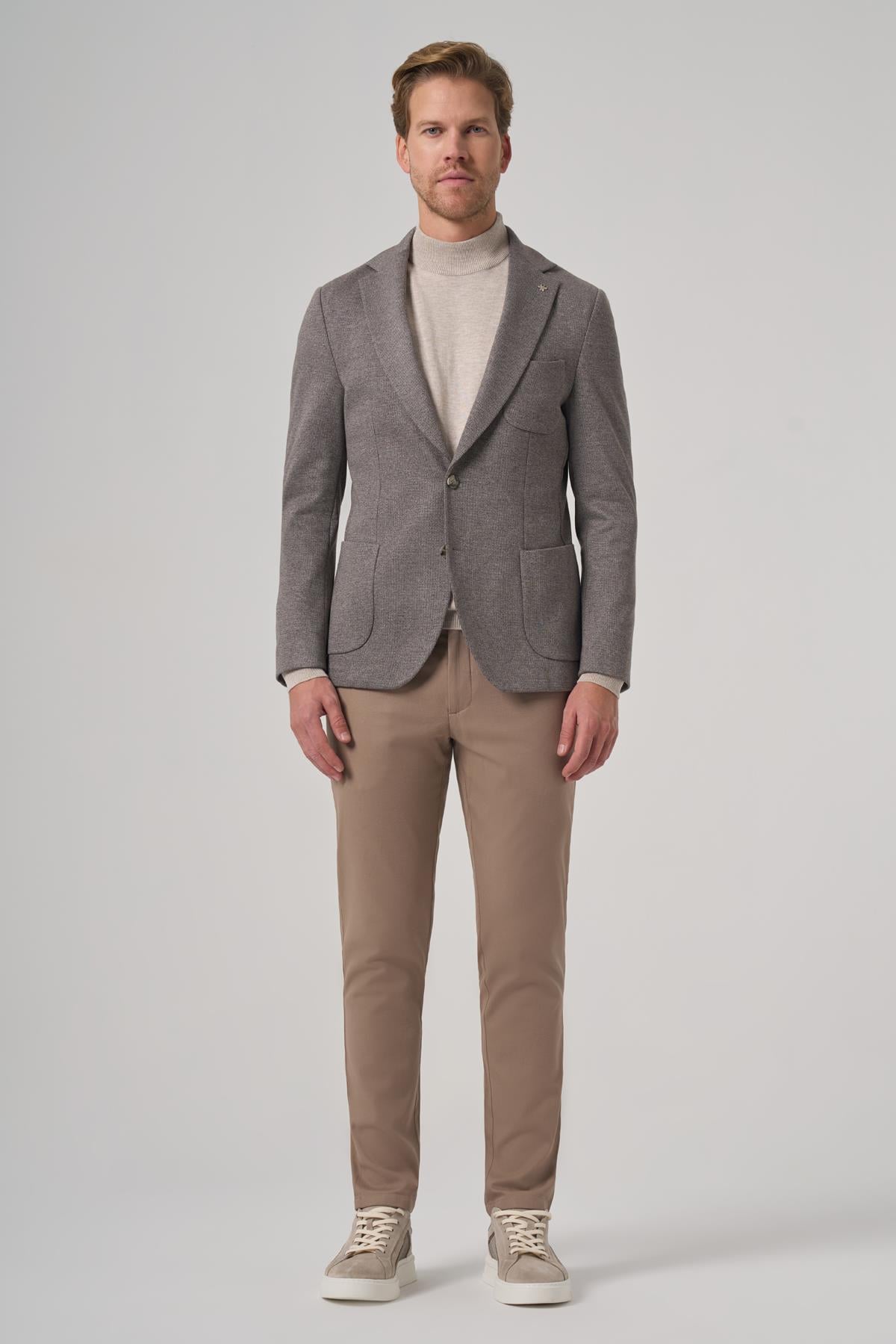 Morven Erkek Gri Örme Trend Desenli Slim Fit Mono Yaka Ceket