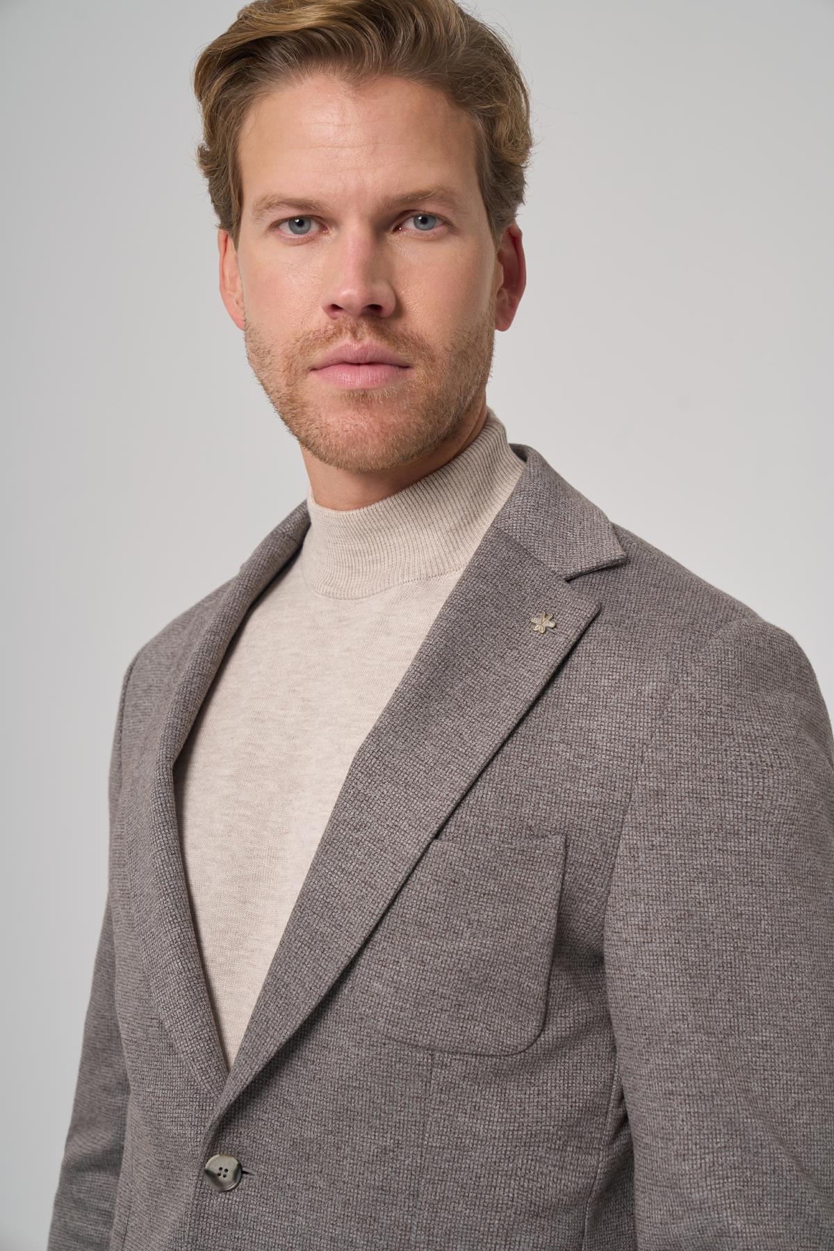 Morven Erkek Gri Örme Trend Desenli Slim Fit Mono Yaka Ceket