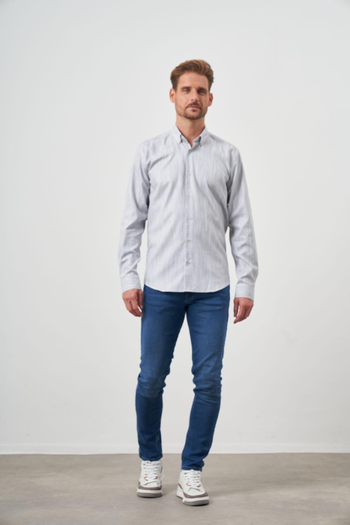 Morven Erkek Gri Pamuk Baskılı Desenli Düğmeli Yaka Slim Fit Gömlek