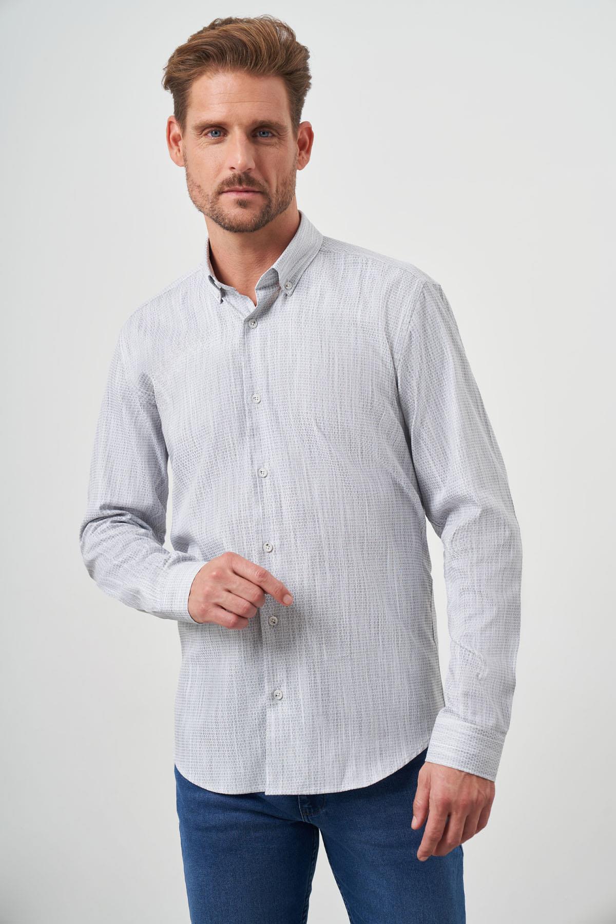 Morven Erkek Gri Pamuk Baskılı Desenli Düğmeli Yaka Slim Fit Gömlek