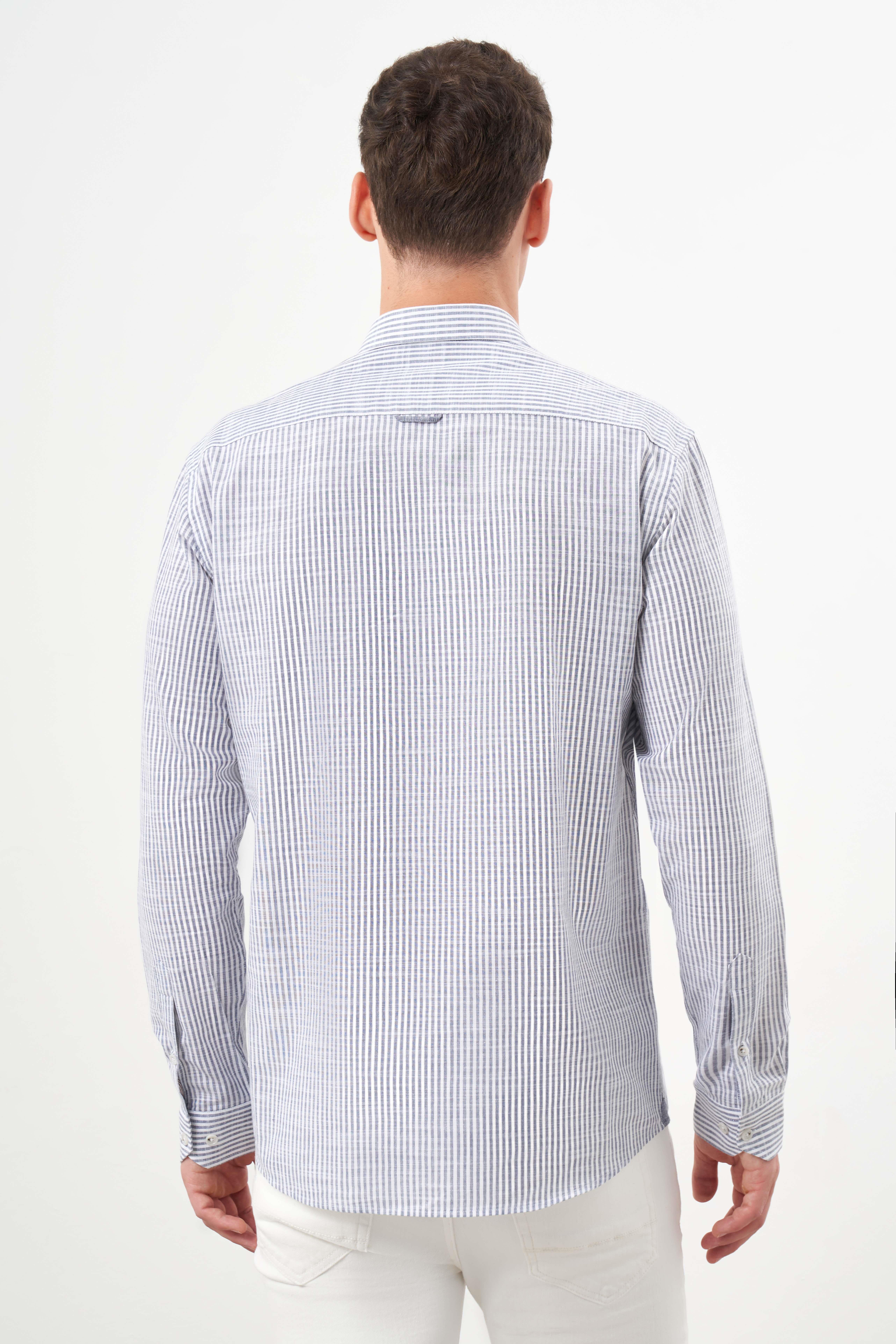 Morven Erkek Gri Pamuk Çizgili-Panolu İtalyan Yaka Slim Fit Gömlek