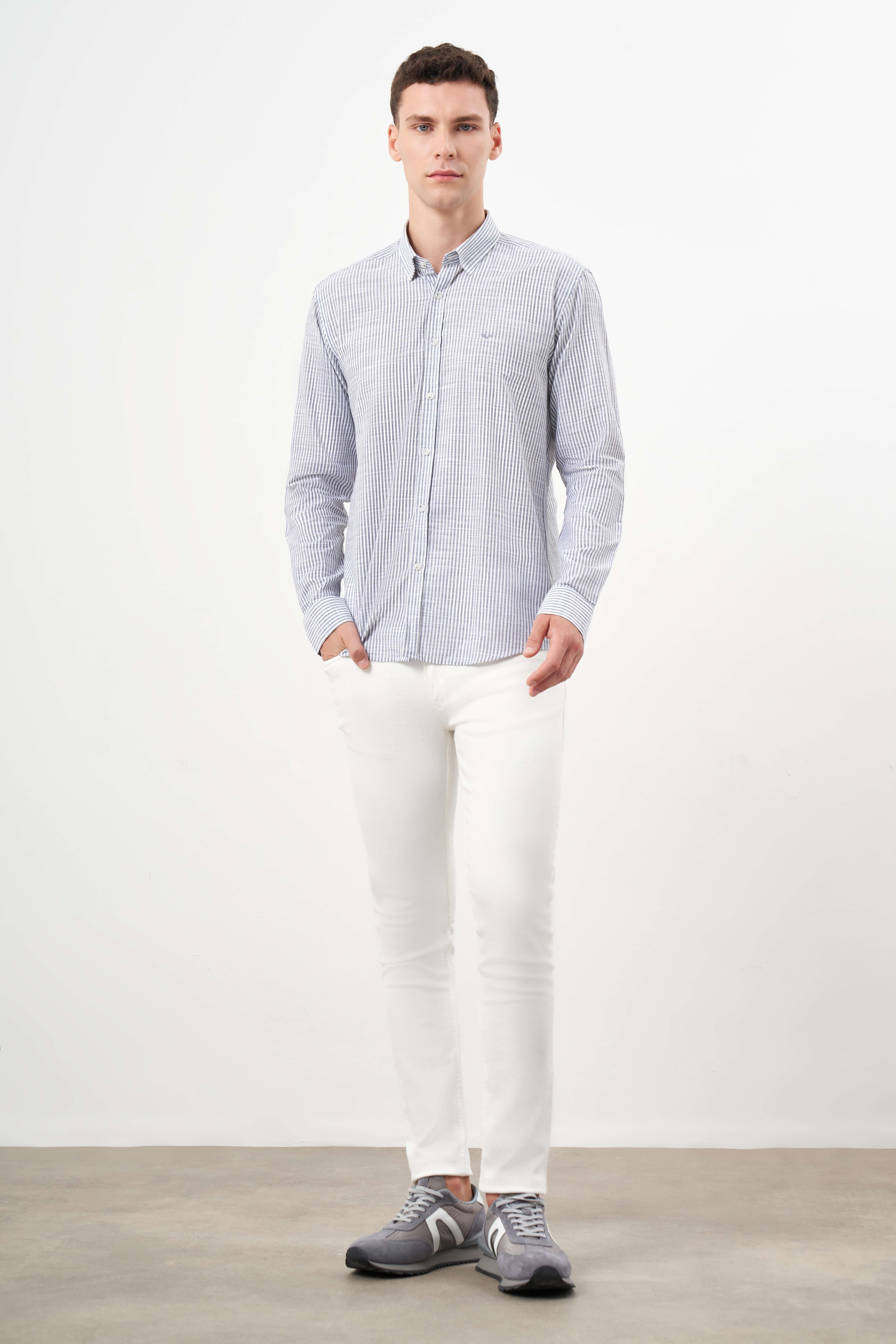Morven Erkek Gri Pamuk Çizgili-Panolu İtalyan Yaka Slim Fit Gömlek