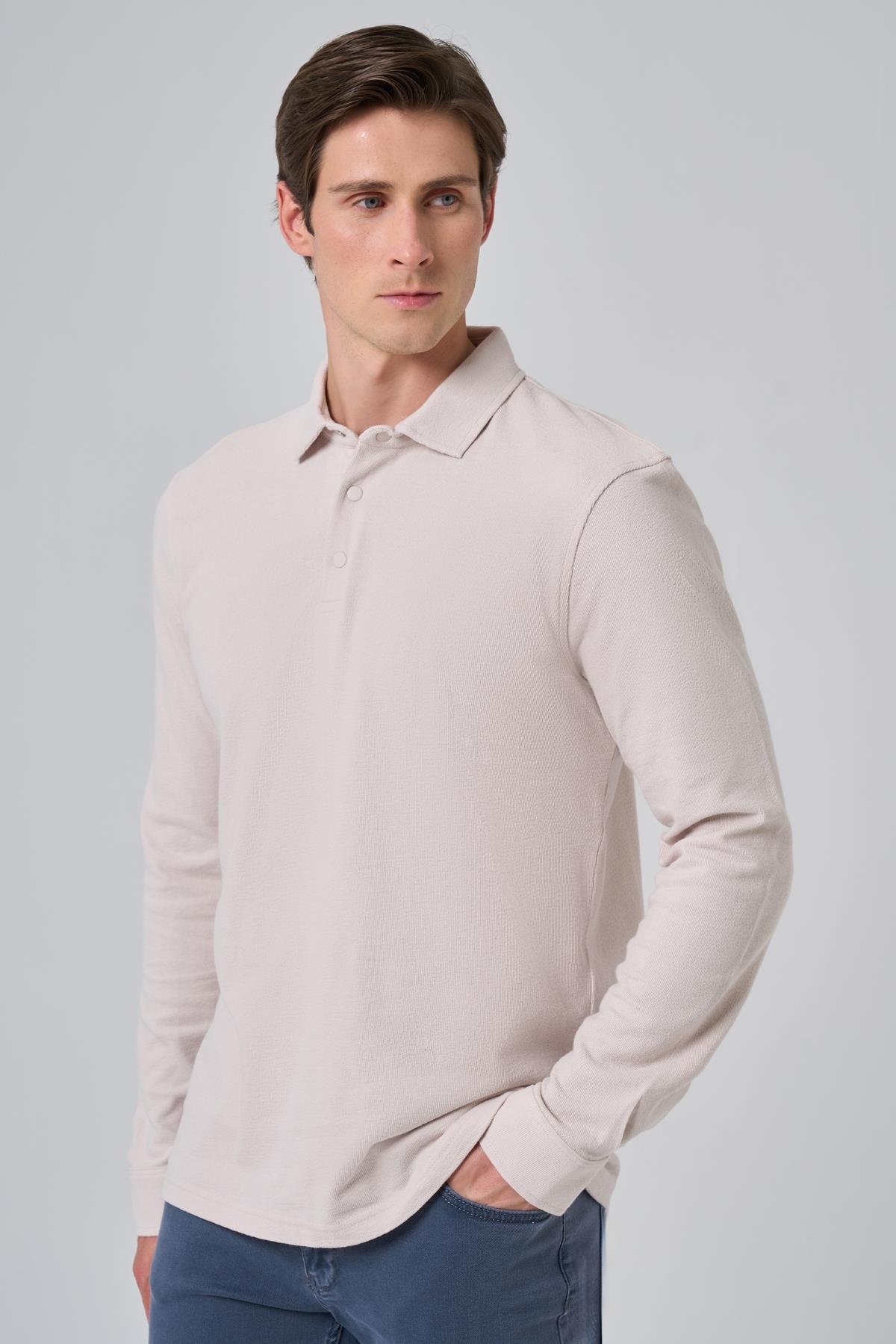 Morven Erkek Gri Pamuk Trend Ağaç Kabuğu Desen Dinamik Fit Polo Yaka Sweat-Shirt