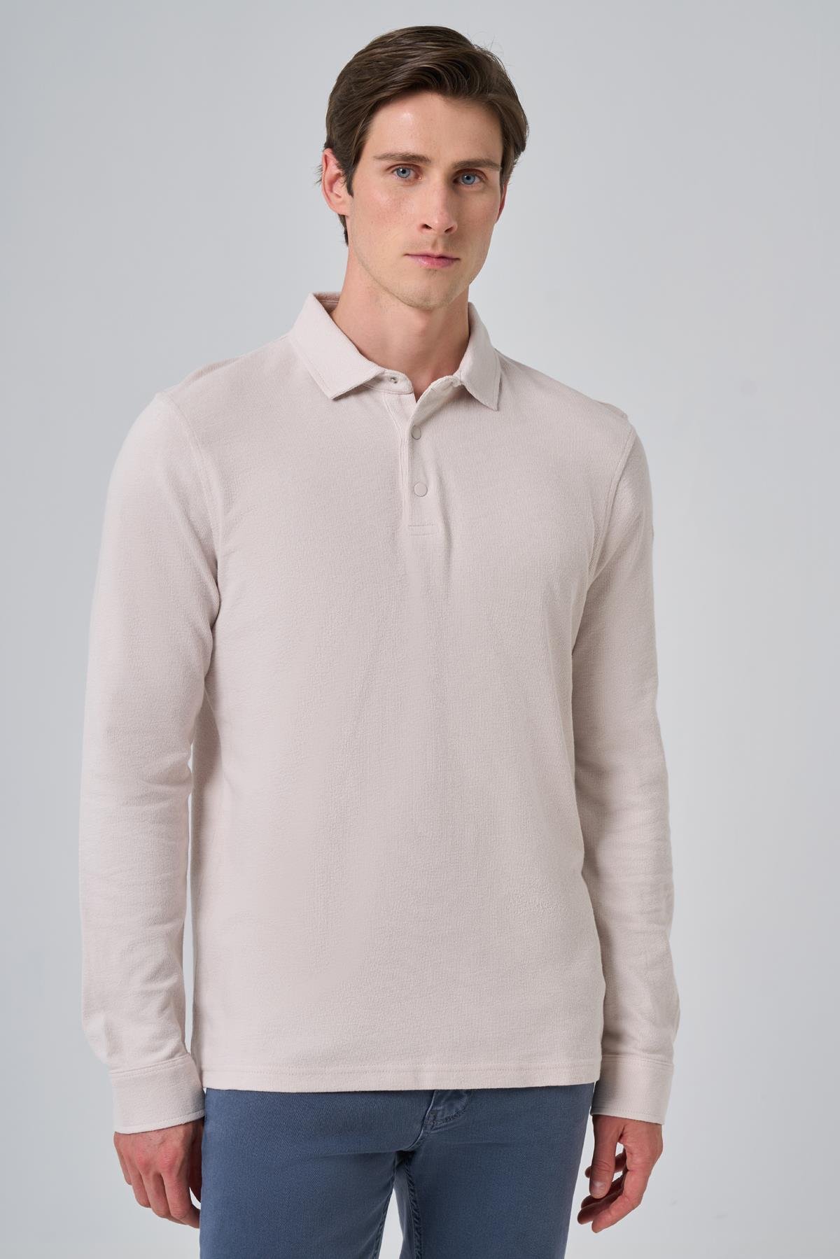 Morven Erkek Gri Pamuk Trend Ağaç Kabuğu Desen Dinamik Fit Polo Yaka Sweat-Shirt