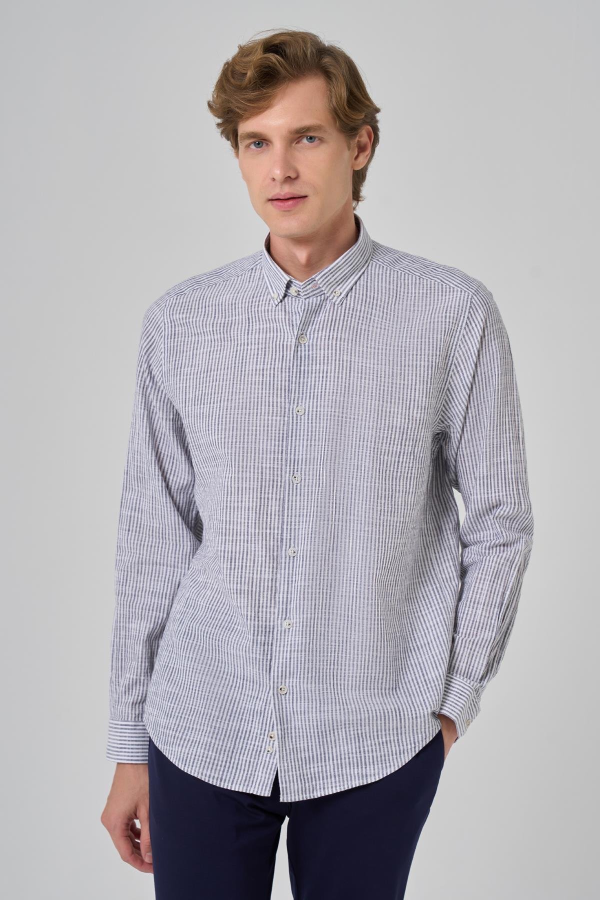 Morven Erkek Gri Pamuk Trend Çizgili  Dynamic Fit Düğmeli Yaka Gömlek