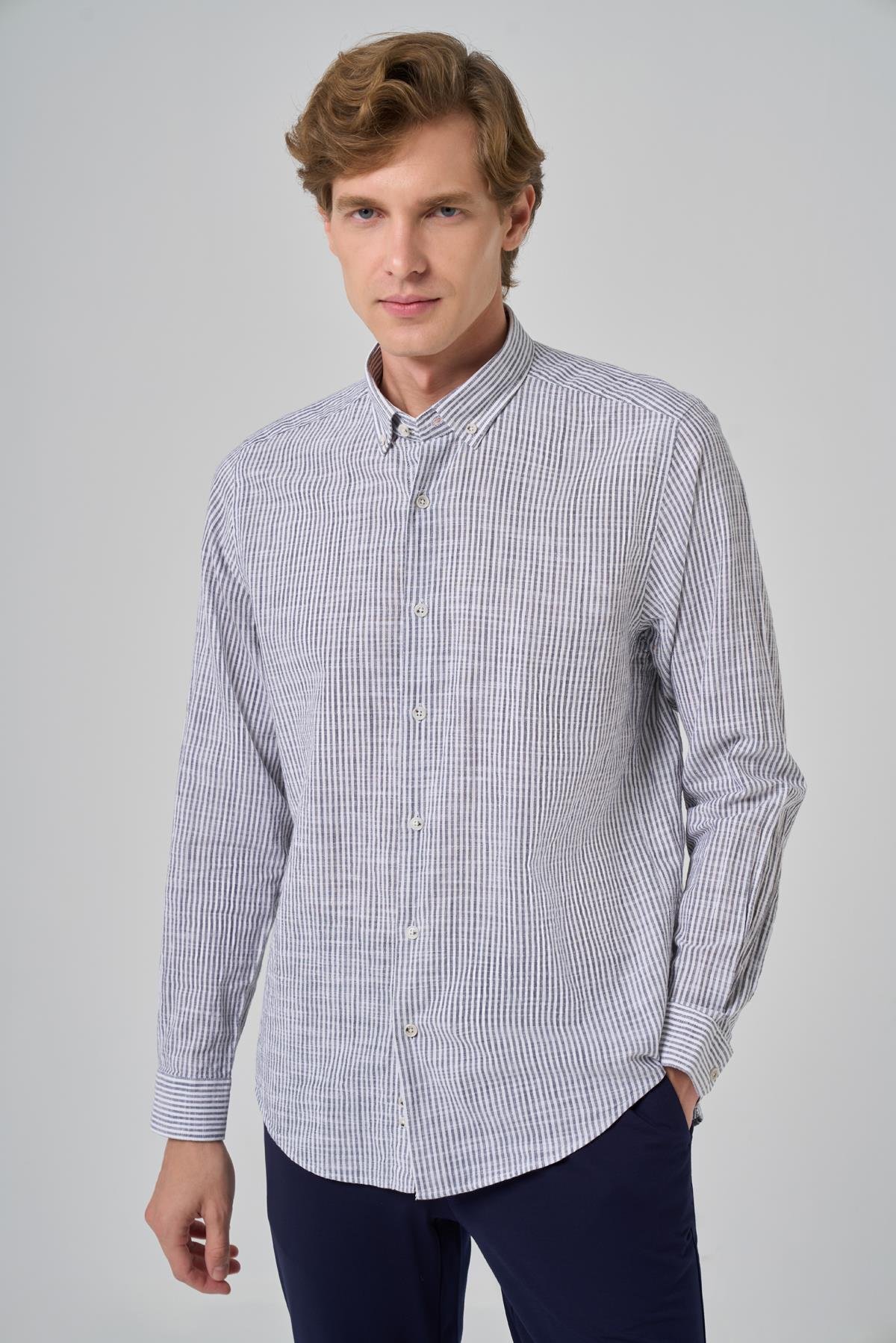 Morven Erkek Gri Pamuk Trend Çizgili  Dynamic Fit Düğmeli Yaka Gömlek
