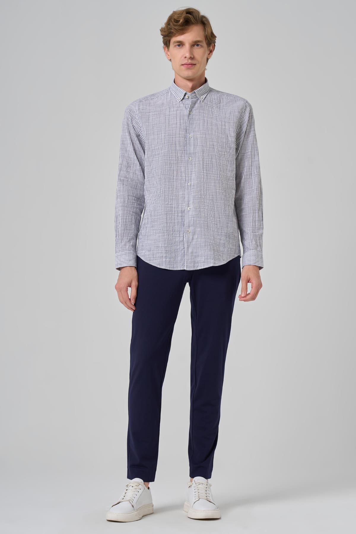 Morven Erkek Gri Pamuk Trend Çizgili  Dynamic Fit Düğmeli Yaka Gömlek